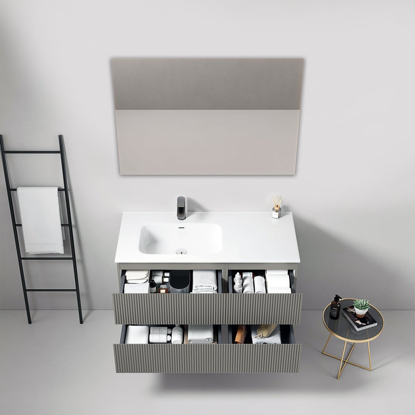 Mobile bagno sospeso cannettato 100 cm Grigio Londra Lavabo a Sinistra in Ceramica Specchio Quadro - Fiji Paint