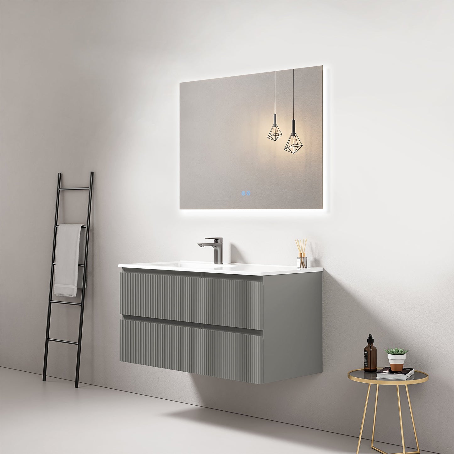 Mobile bagno sospeso cannettato 100 cm Grigio Londra Lavabo a Sinistra in Ceramica Specchio Quadro Retroilluminato - Fiji Paint