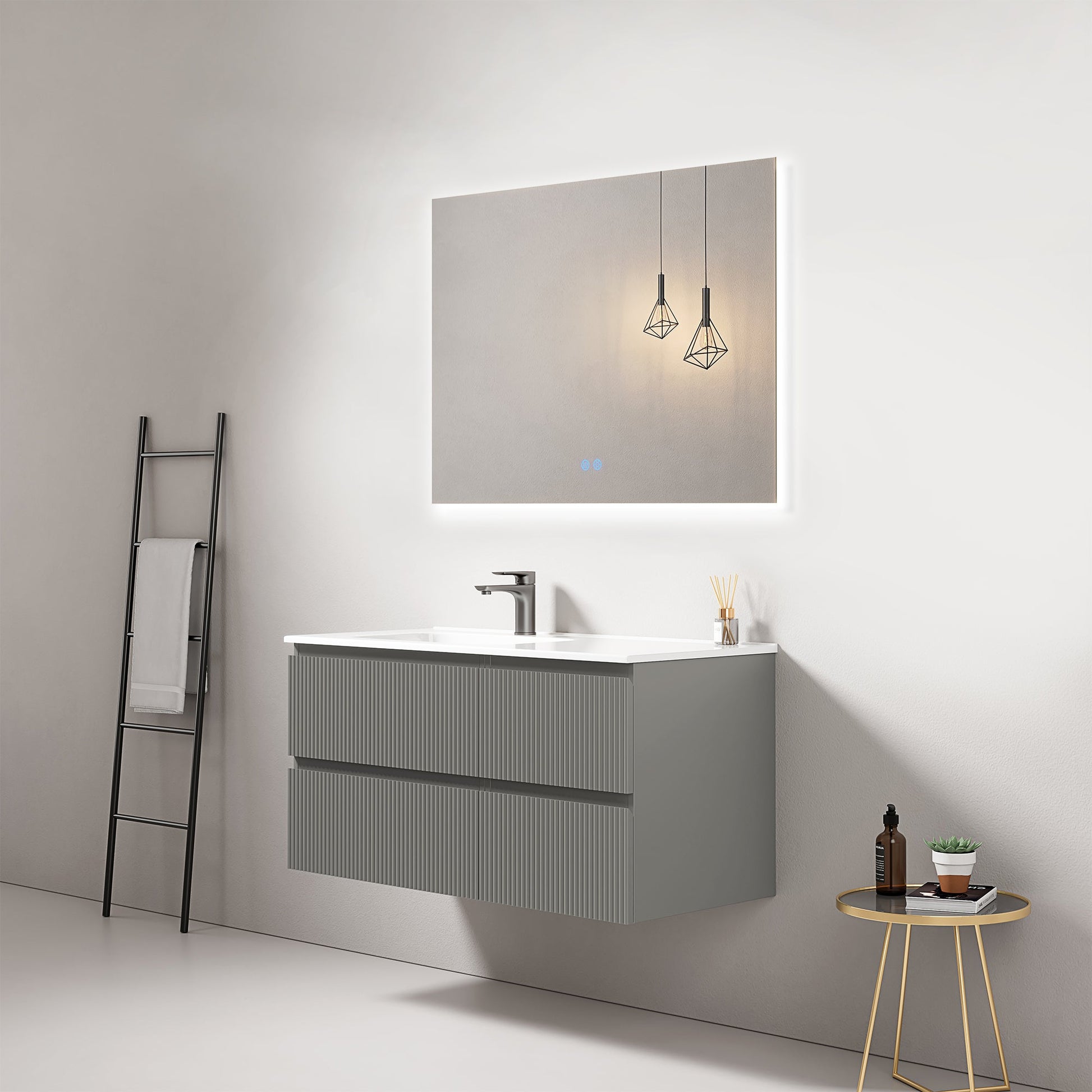 Mobile bagno sospeso cannettato 100 cm Grigio Londra Lavabo a Sinistra in Ceramica Specchio Quadro Retroilluminato - Fiji Paint