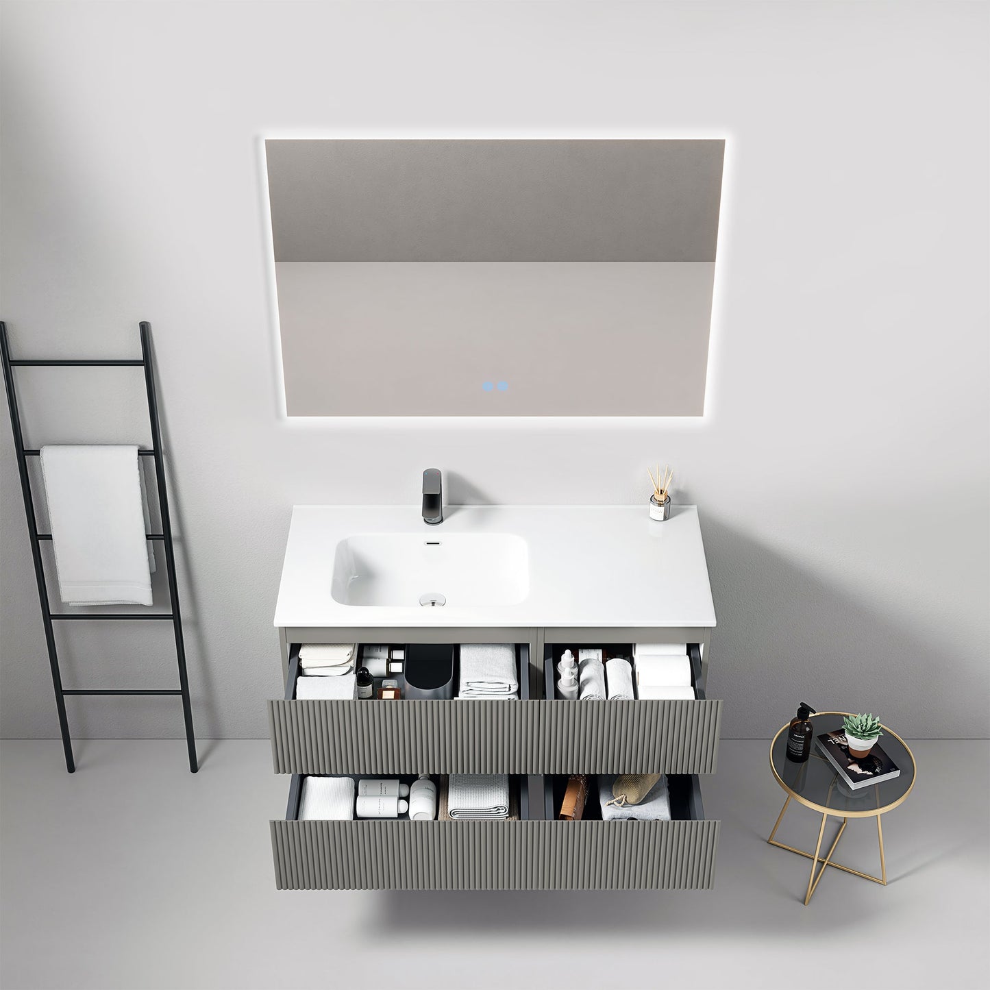 Mobile bagno sospeso cannettato 100 cm Grigio Londra Lavabo a Sinistra in Ceramica Specchio Quadro Retroilluminato - Fiji Paint