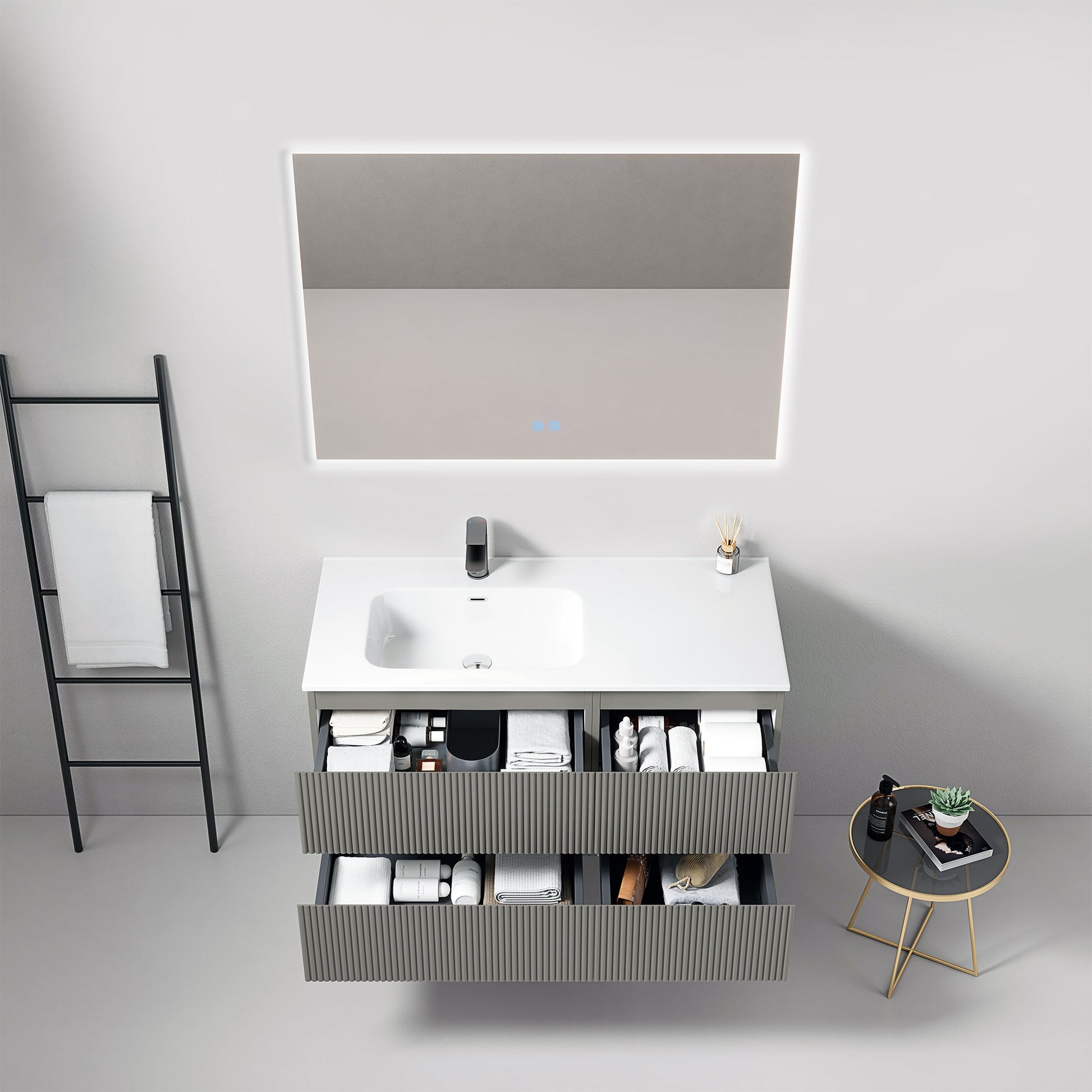 Mobile bagno sospeso cannettato 100 cm Grigio Londra Lavabo a Sinistra in Ceramica Specchio Quadro Retroilluminato - Fiji Paint
