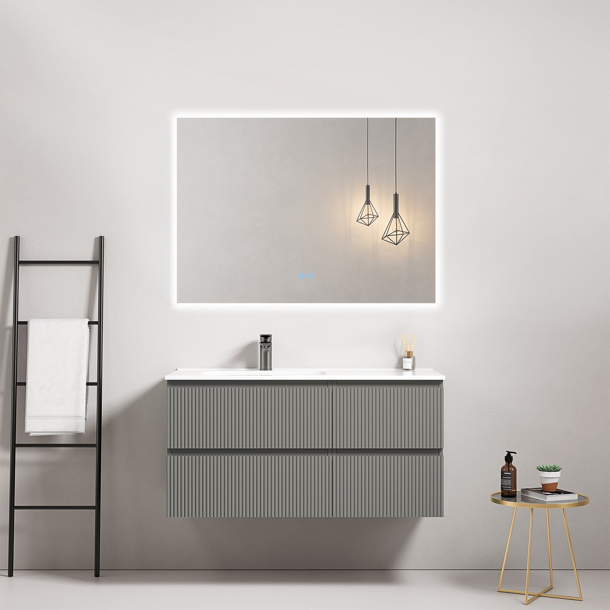 Mobile bagno sospeso cannettato 100 cm Grigio Londra Lavabo a Sinistra in Ceramica Specchio Quadro Retroilluminato - Fiji Paint.