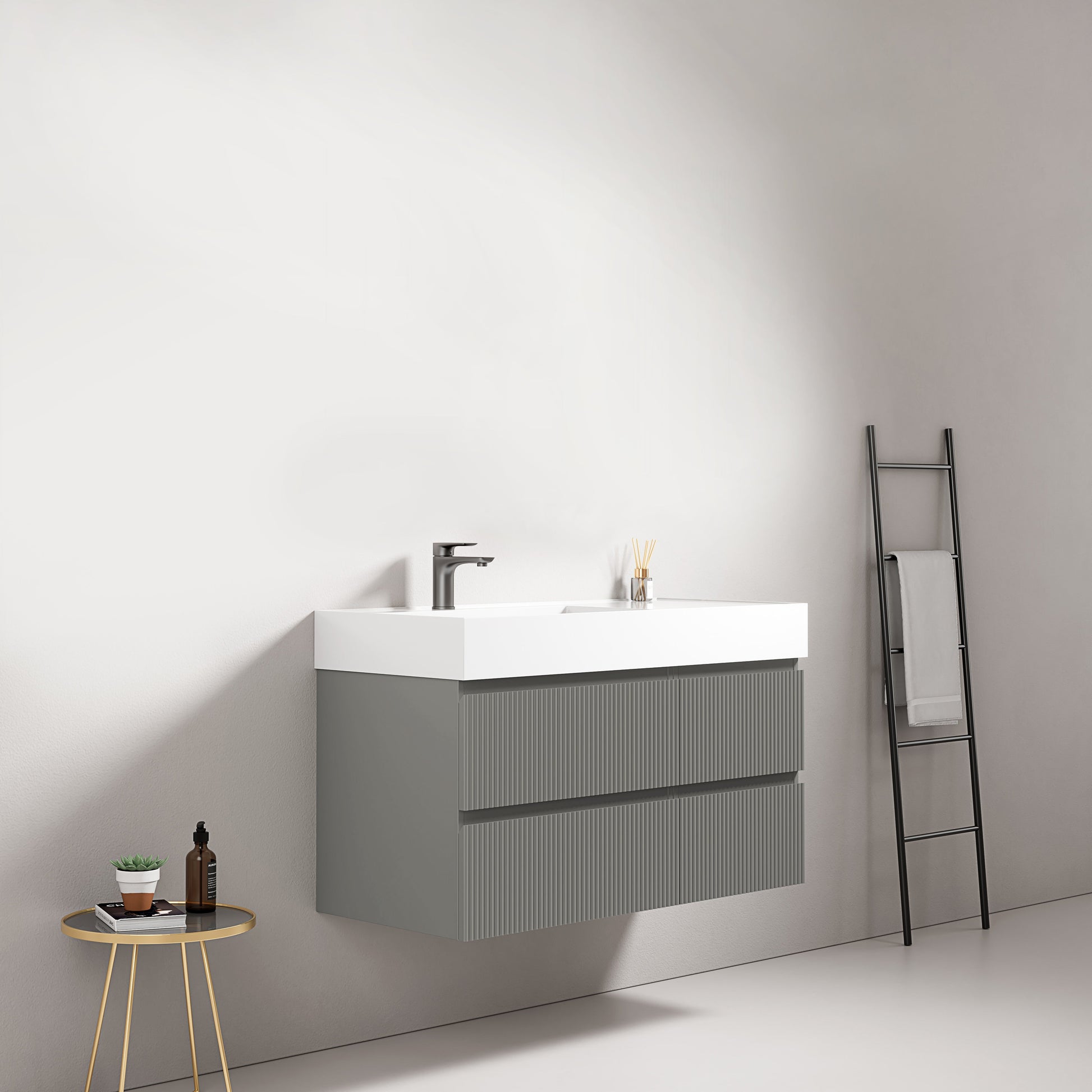 Mobile bagno sospeso cannettato 100 cm Grigio Londra Lavabo a Sinistra in Resina Senza Specchio - Fiji Paint