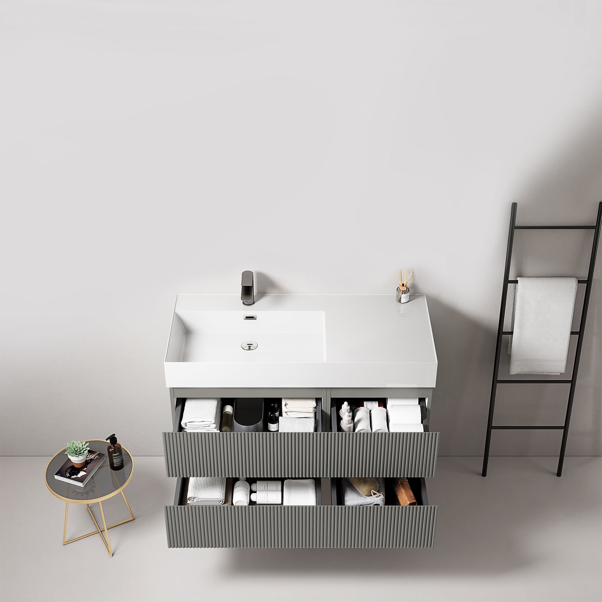 Mobile bagno sospeso cannettato 100 cm Grigio Londra Lavabo a Sinistra in Resina Senza Specchio - Fiji Paint