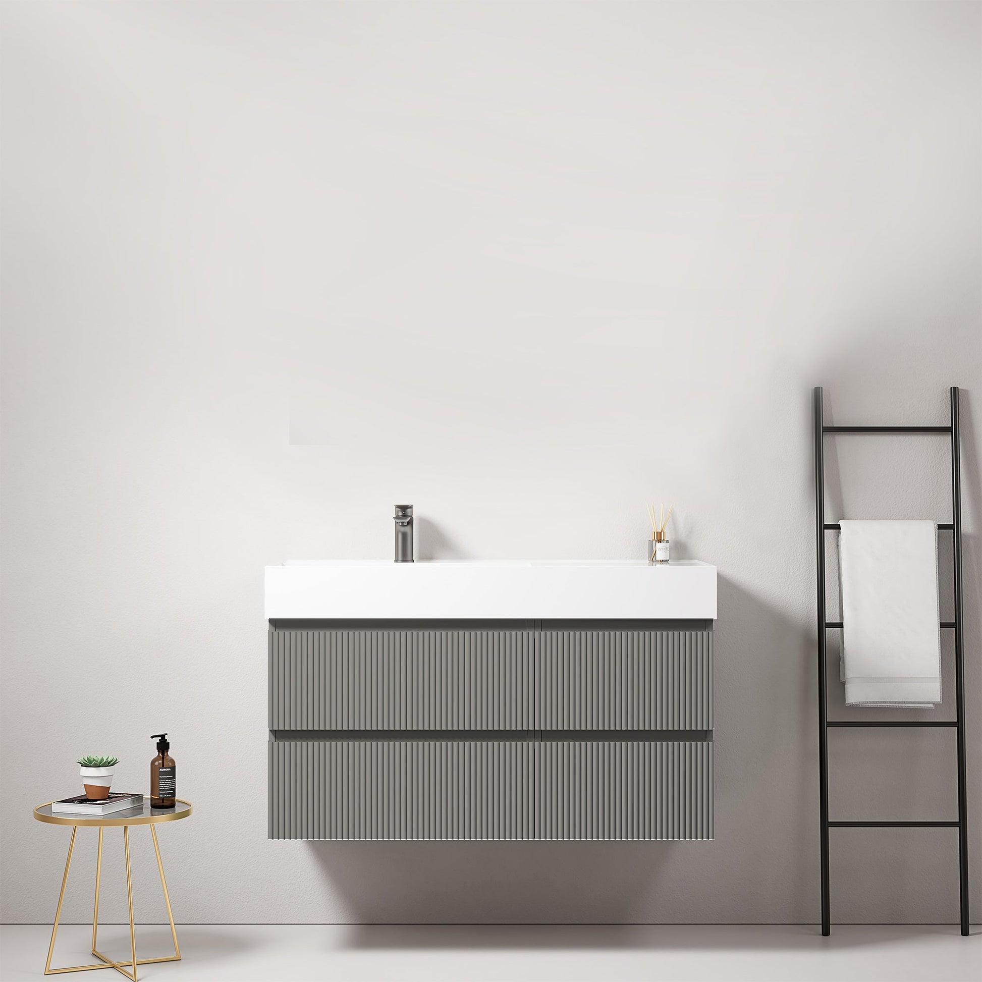 Mobile bagno sospeso cannettato 100 cm Grigio Londra Lavabo a Sinistra in Resina Senza Specchio - Fiji Paint