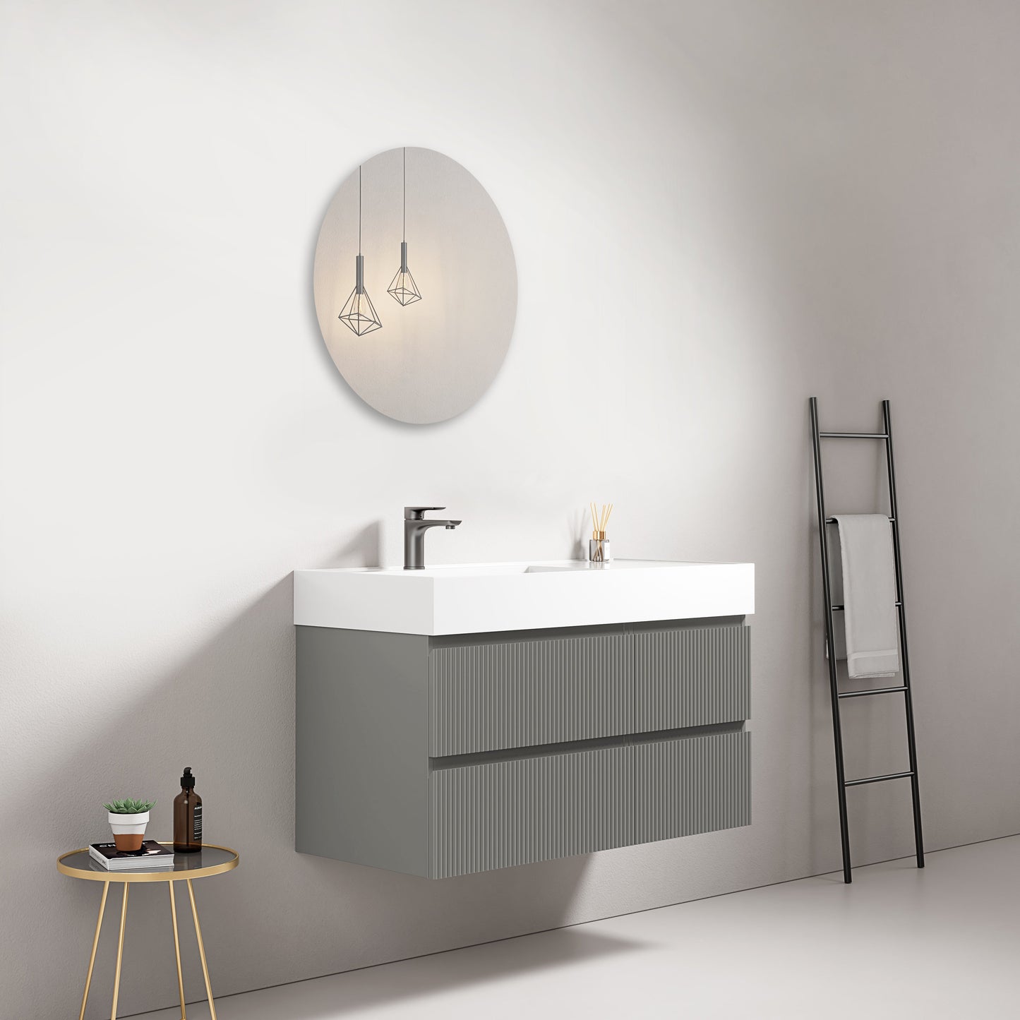 Mobile bagno sospeso cannettato 100 cm Grigio Londra Lavabo a Sinistra in Resina Specchio Tondo - Fiji Paint