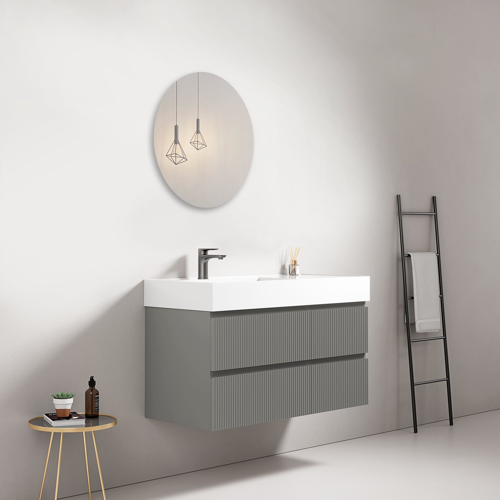 Mobile bagno sospeso cannettato 100 cm Grigio Londra Lavabo a Sinistra in Resina Specchio Tondo - Fiji Paint