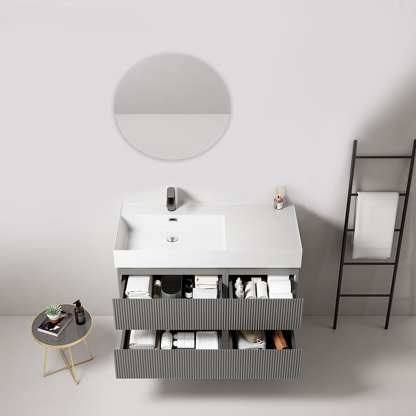 Mobile bagno sospeso cannettato 100 cm Grigio Londra Lavabo a Sinistra in Resina Specchio Tondo - Fiji Paint