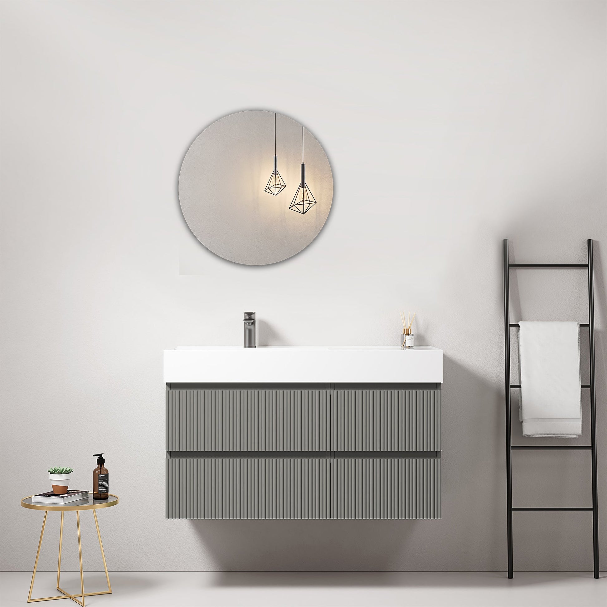 Mobile bagno sospeso cannettato 100 cm Grigio Londra Lavabo a Sinistra in Resina Specchio Tondo - Fiji Paint.