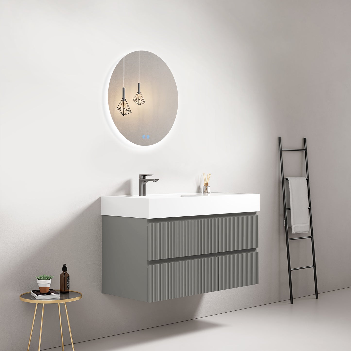 Mobile bagno sospeso cannettato 100 cm Grigio Londra Lavabo a Sinistra in Resina Specchio Tondo Retroilluminato - Fiji Paint