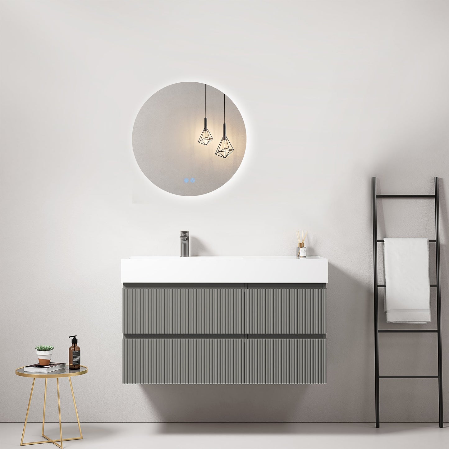 Mobile bagno sospeso cannettato 100 cm Grigio Londra Lavabo a Sinistra in Resina Specchio Tondo Retroilluminato - Fiji Paint.