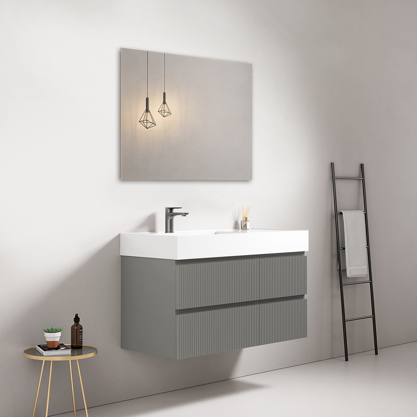 Mobile bagno sospeso cannettato 100 cm Grigio Londra Lavabo a Sinistra in Resina Specchio Quadro - Fiji Paint.
