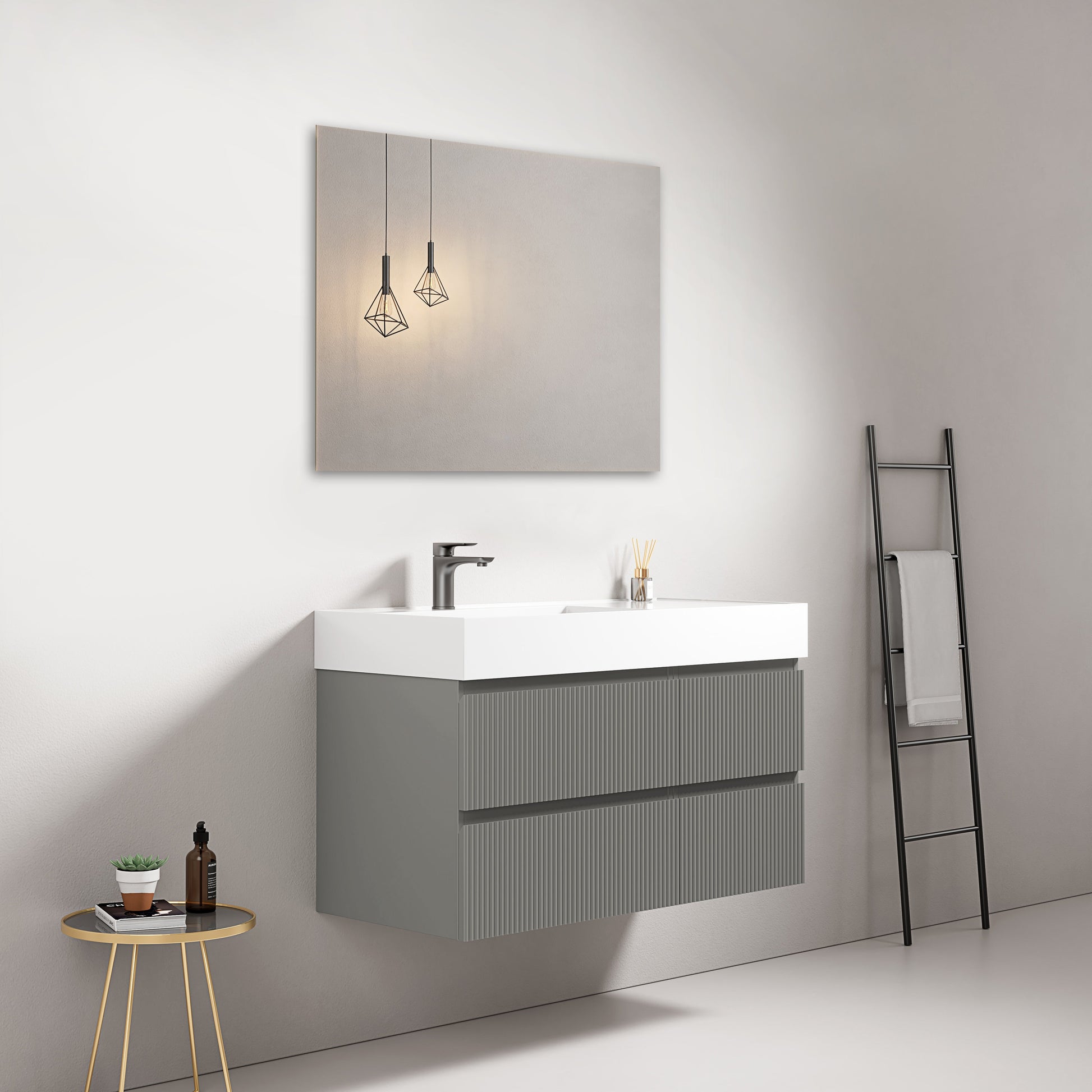 Mobile bagno sospeso cannettato 100 cm Grigio Londra Lavabo a Sinistra in Resina Specchio Quadro - Fiji Paint.