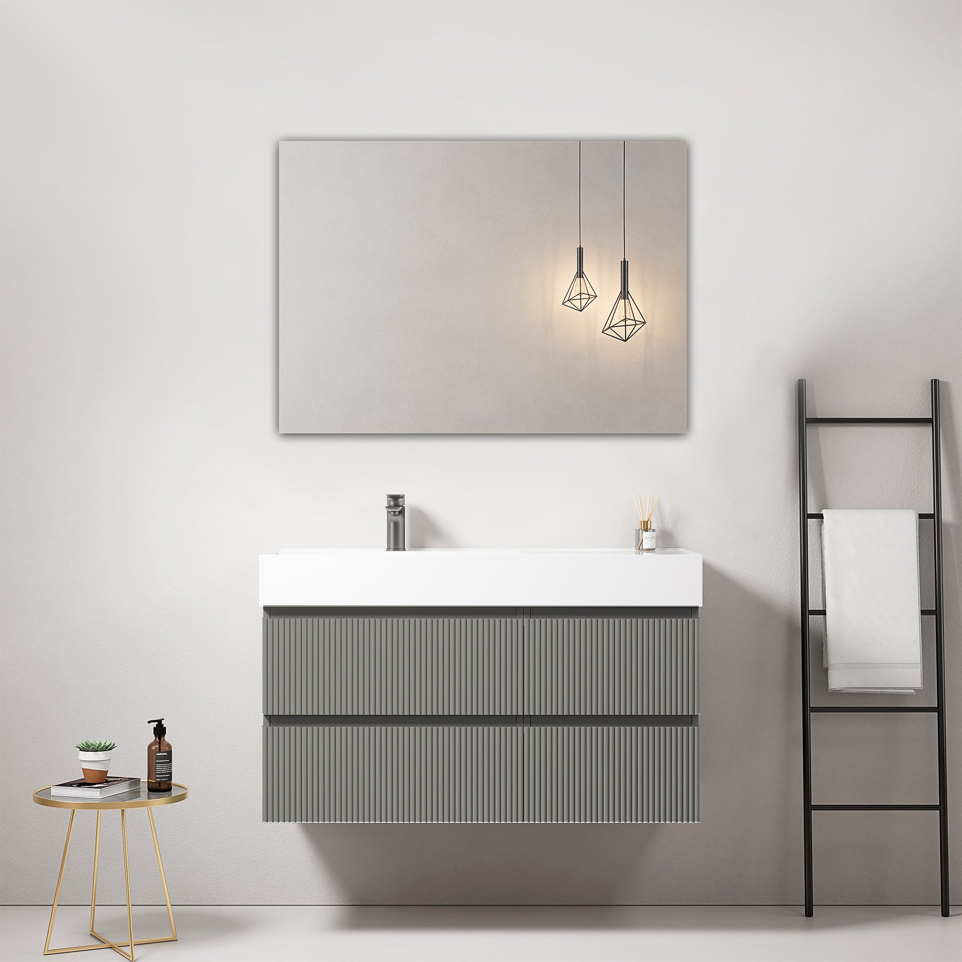 Mobile bagno sospeso cannettato 100 cm Grigio Londra Lavabo a Sinistra in Resina Specchio Quadro - Fiji Paint