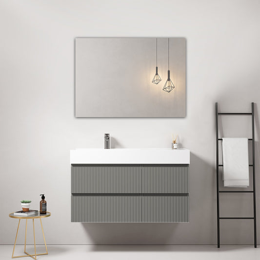 Mobile bagno sospeso cannettato 100 cm Grigio Londra Lavabo a Sinistra in Resina Specchio Quadro - Fiji Paint