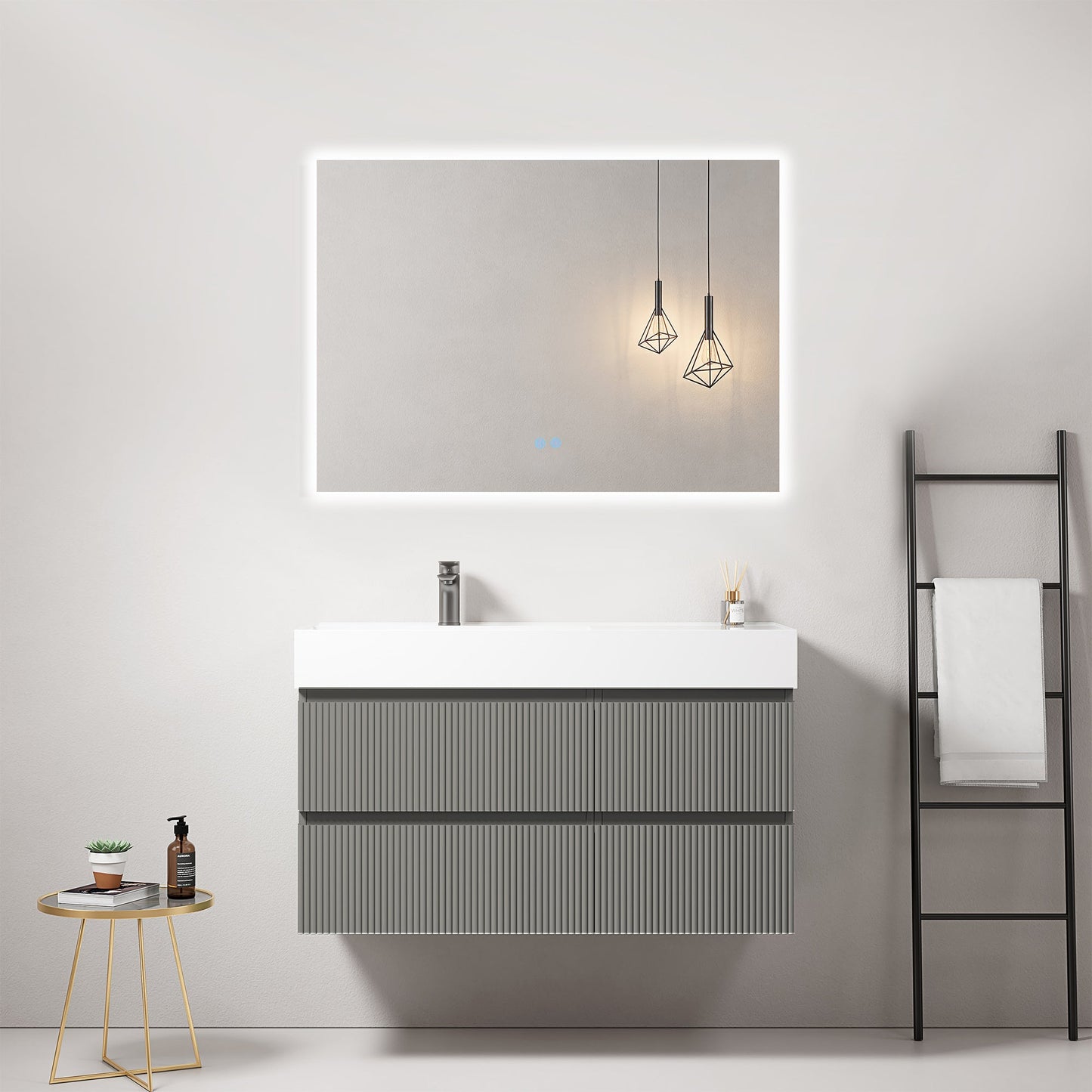 Mobile bagno sospeso cannettato 100 cm Grigio Londra Lavabo a Sinistra in Resina Specchio Quadro Retroilluminato - Fiji Paint.