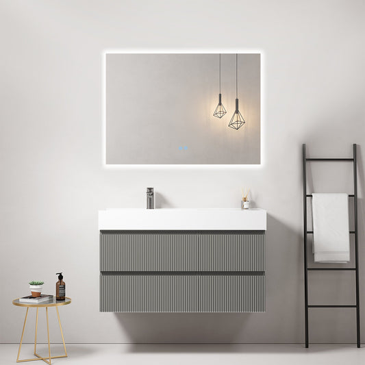 Mobile bagno sospeso cannettato 100 cm Grigio Londra Lavabo a Sinistra in Resina Specchio Quadro Retroilluminato - Fiji Paint