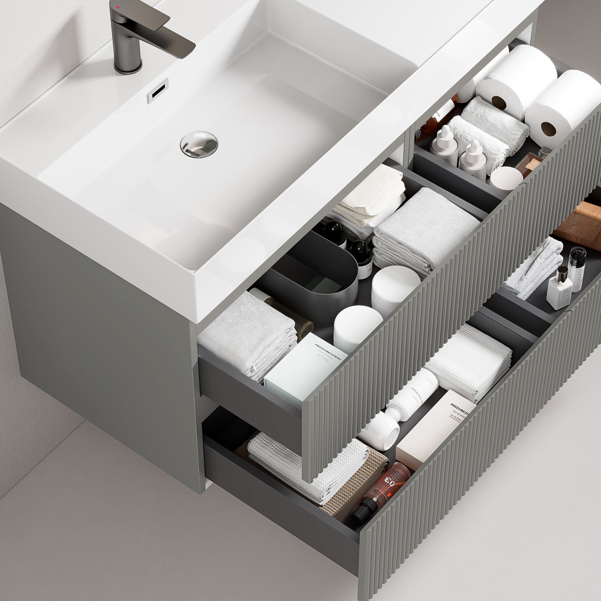 Mobile bagno sospeso cannettato 100 cm Grigio Londra Lavabo a Sinistra in Resina Specchio Quadro Retroilluminato - Fiji Paint