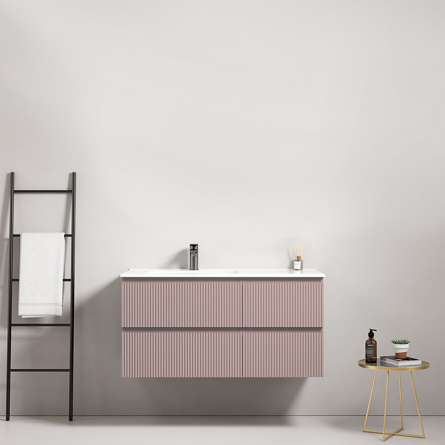 Mobile bagno sospeso cannettato 100 cm Rosa Retro Lavabo a Sinistra in Ceramica Senza Specchio - Fiji Paint