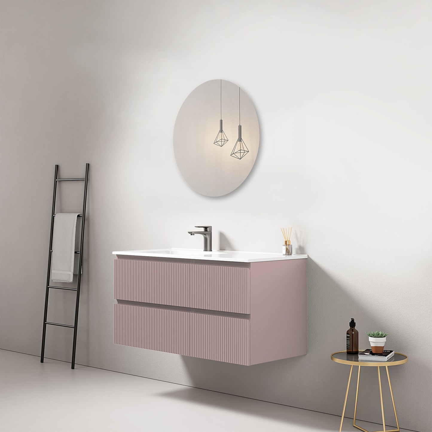 Mobile bagno sospeso cannettato 100 cm Rosa Retro Lavabo a Sinistra in Ceramica Specchio Tondo - Fiji Paint