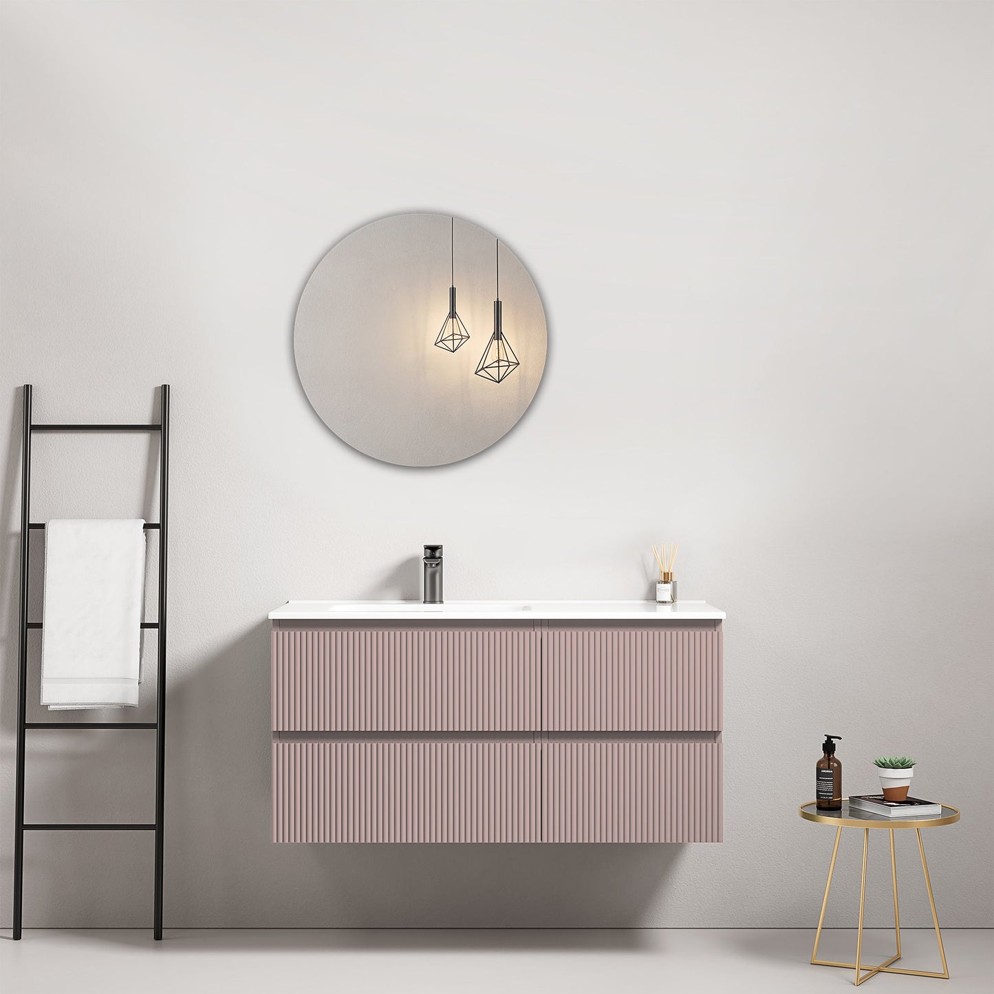 Mobile bagno sospeso cannettato 100 cm Rosa Retro Lavabo a Sinistra in Ceramica Specchio Tondo - Fiji Paint