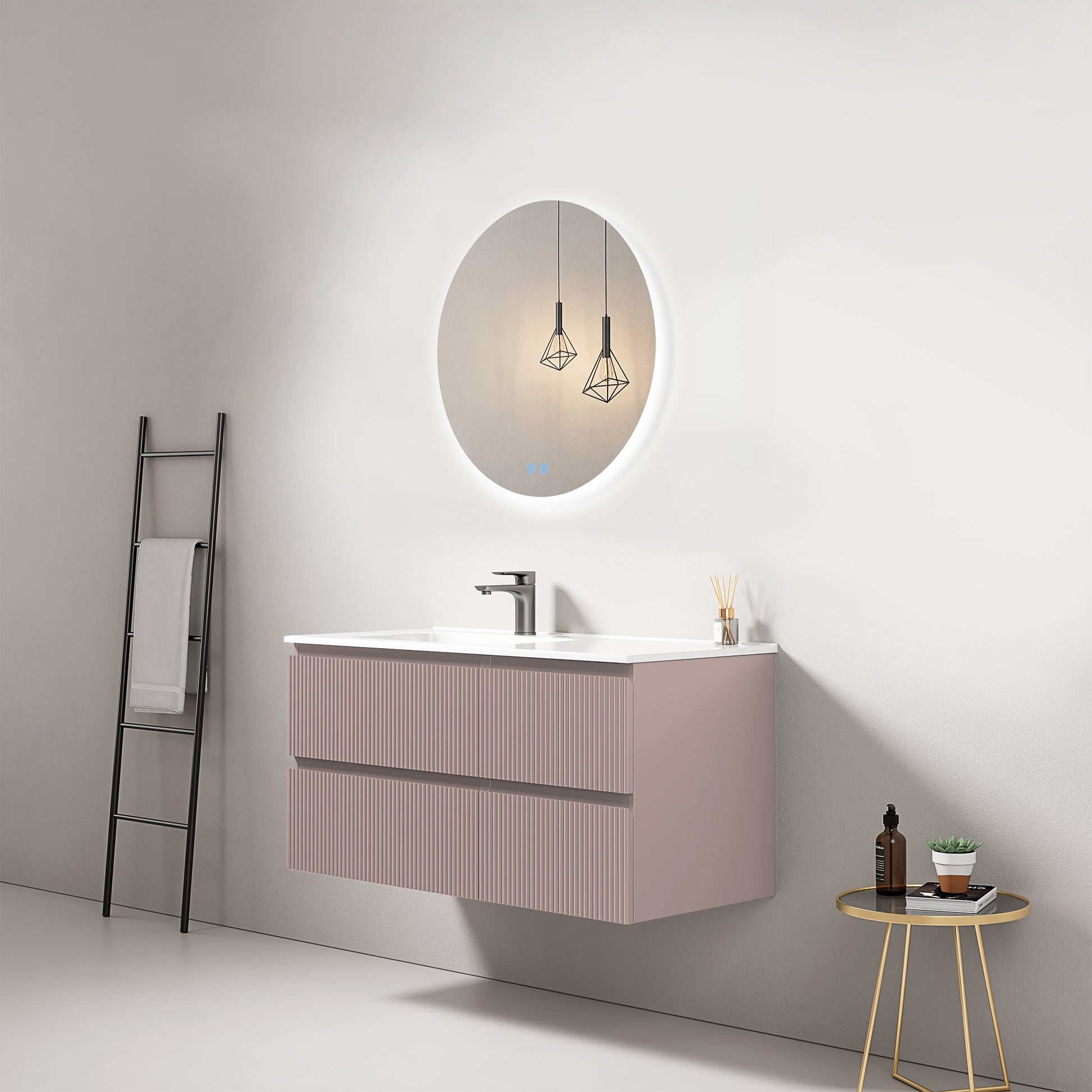 Mobile bagno sospeso cannettato 100 cm Rosa Retro Lavabo a Sinistra in Ceramica Specchio Tondo Retroilluminato - Fiji Paint