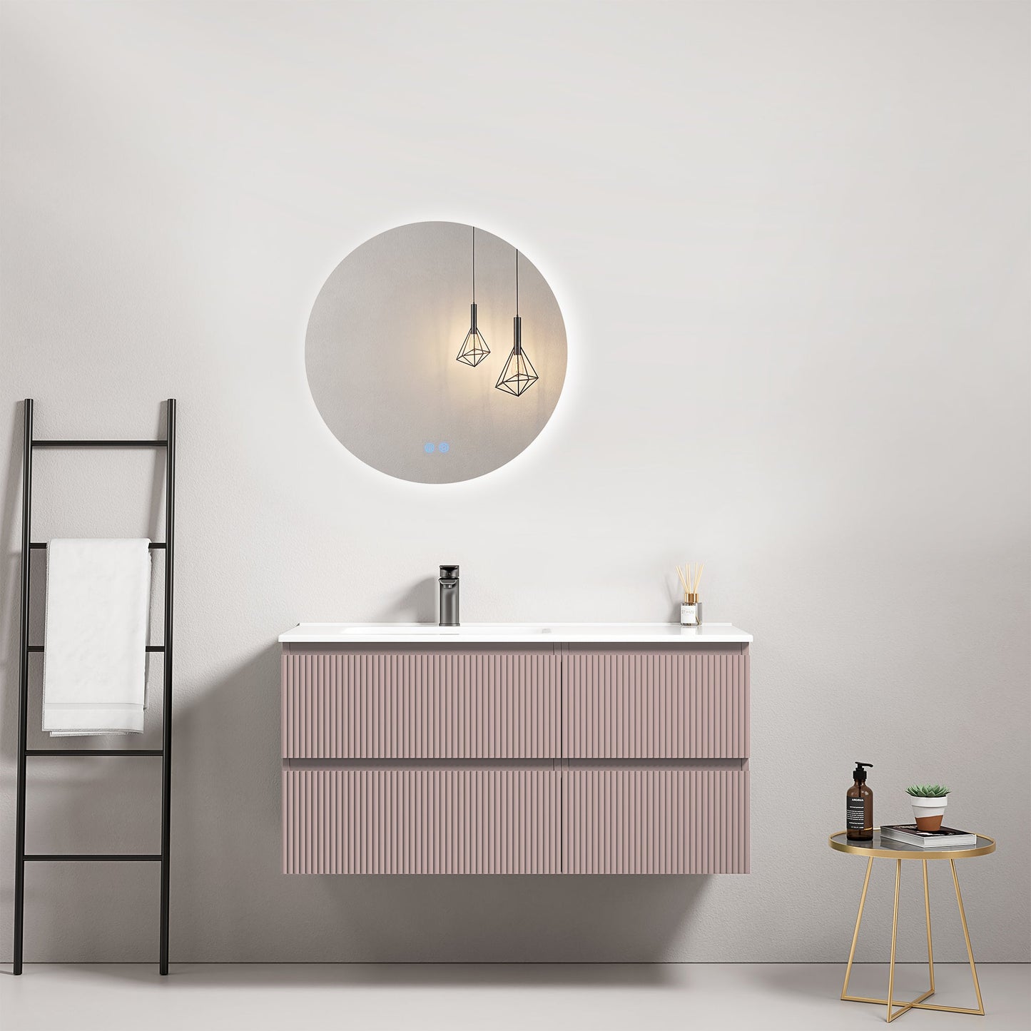 Mobile bagno sospeso cannettato 100 cm Rosa Retro Lavabo a Sinistra in Ceramica Specchio Tondo Retroilluminato - Fiji Paint