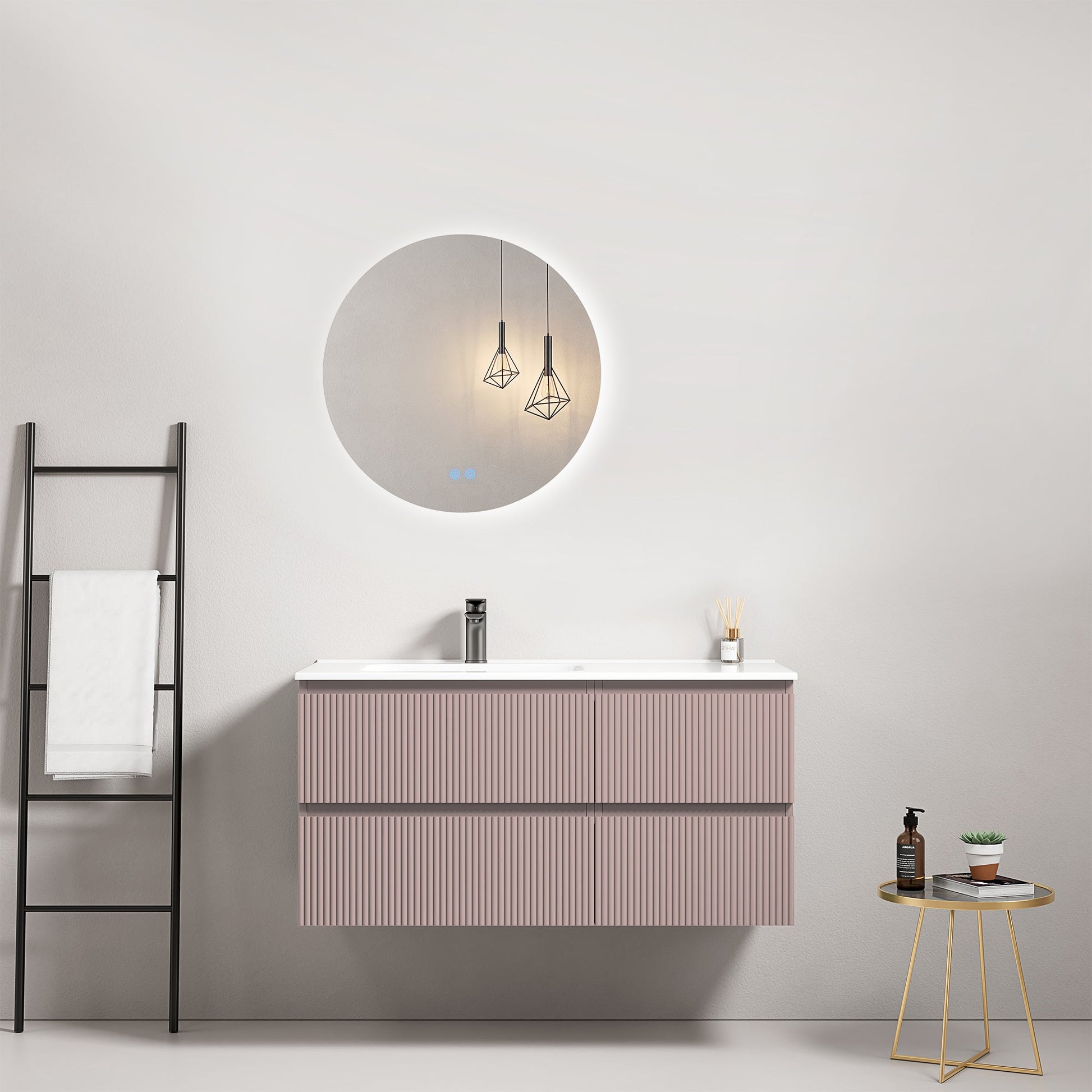Mobile bagno sospeso cannettato 100 cm Rosa Retro Lavabo a Sinistra in Ceramica Specchio Tondo Retroilluminato - Fiji Paint