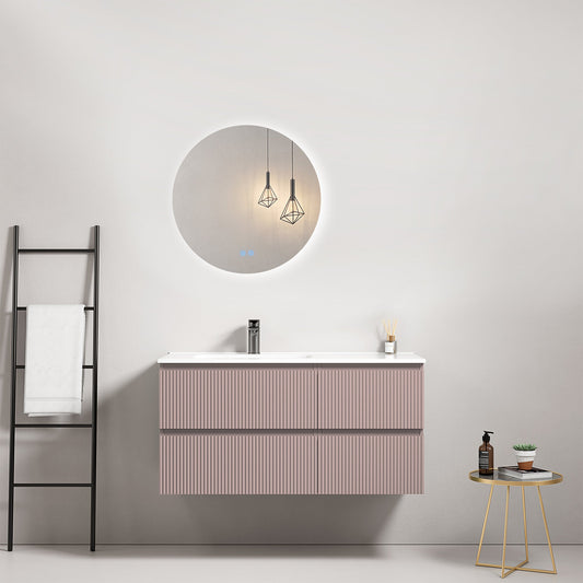 Mobile bagno sospeso cannettato 100 cm Rosa Retro Lavabo a Sinistra in Ceramica Specchio Tondo Retroilluminato - Fiji Paint