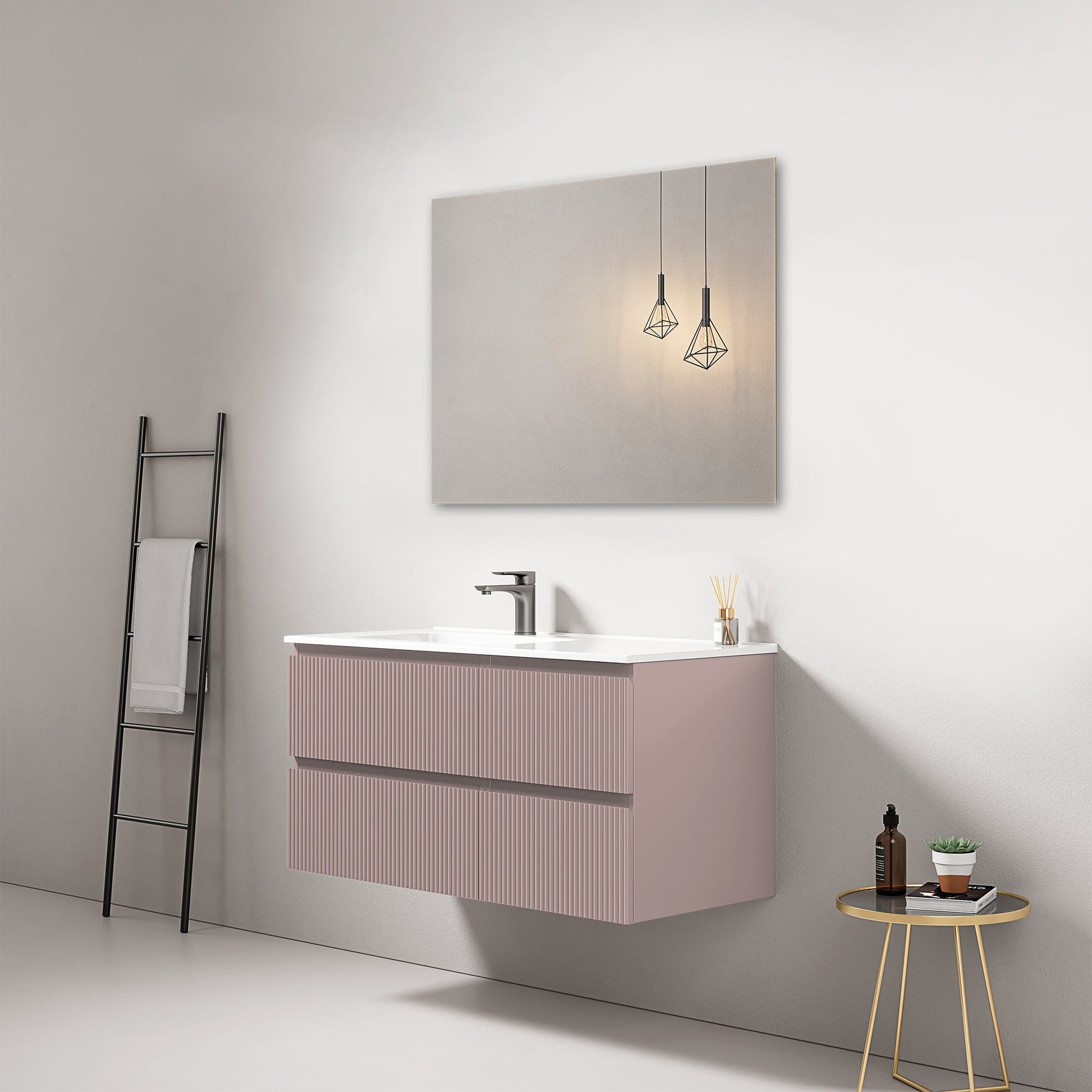 Mobile bagno sospeso cannettato 100 cm Rosa Retro Lavabo a Sinistra in Ceramica Specchio Quadro - Fiji Paint