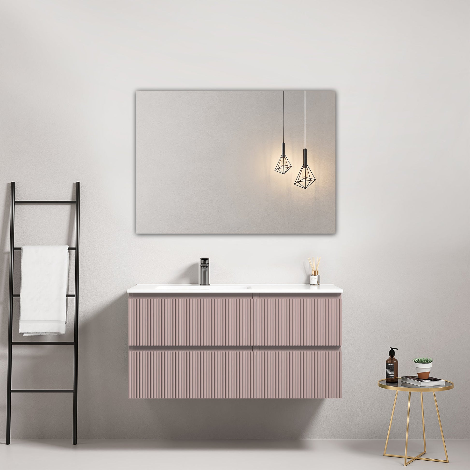 Mobile bagno sospeso cannettato 100 cm Rosa Retro Lavabo a Sinistra in Ceramica Specchio Quadro - Fiji Paint