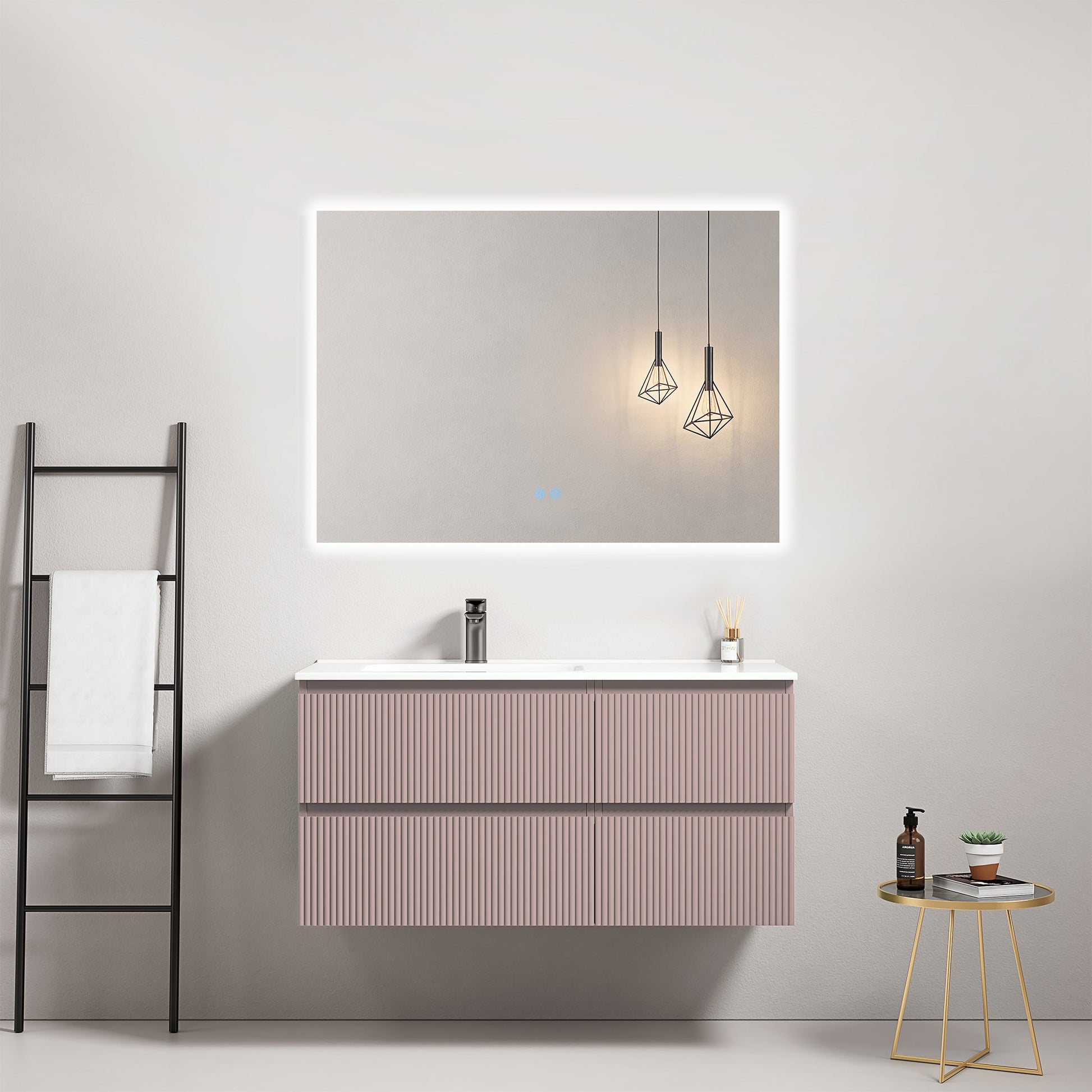 Mobile bagno sospeso cannettato 100 cm Rosa Retro Lavabo a Sinistra in Ceramica Specchio Quadro Retroilluminato - Fiji Paint