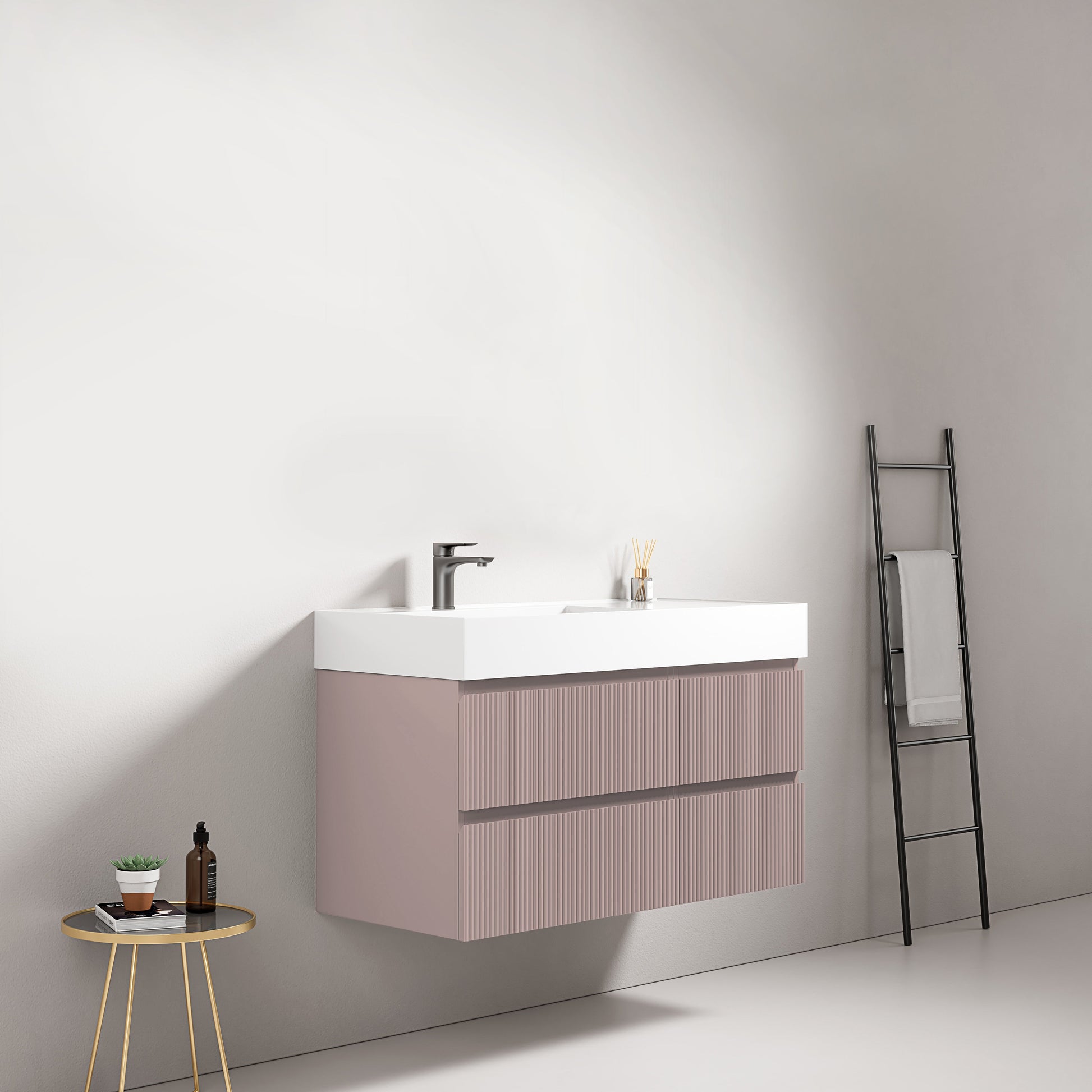 Mobile bagno sospeso cannettato 100 cm Rosa Retro Lavabo a Sinistra in Resina Senza Specchio - Fiji Paint