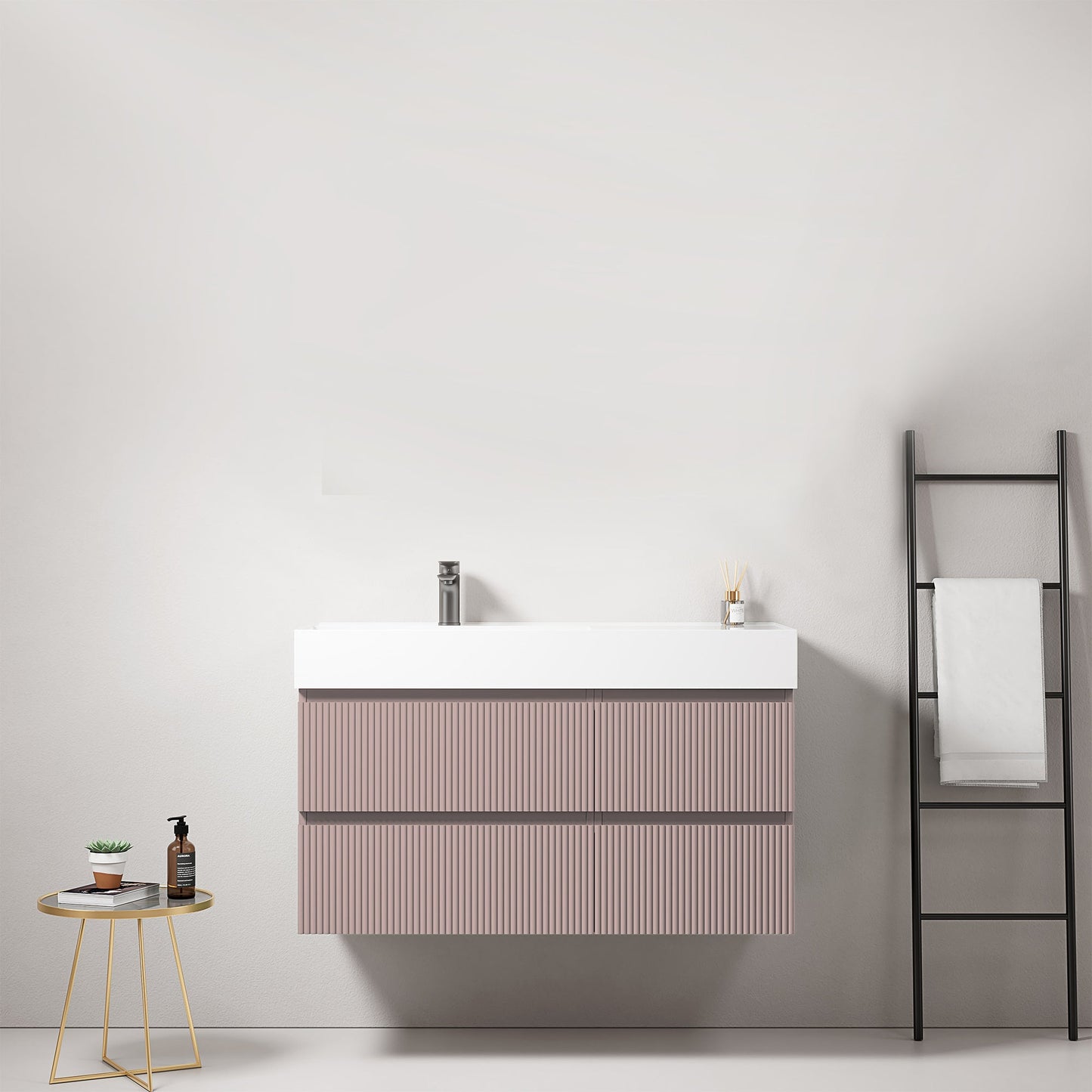 Mobile bagno sospeso cannettato 100 cm Rosa Retro Lavabo a Sinistra in Resina Senza Specchio - Fiji Paint in un ambiente moderno.