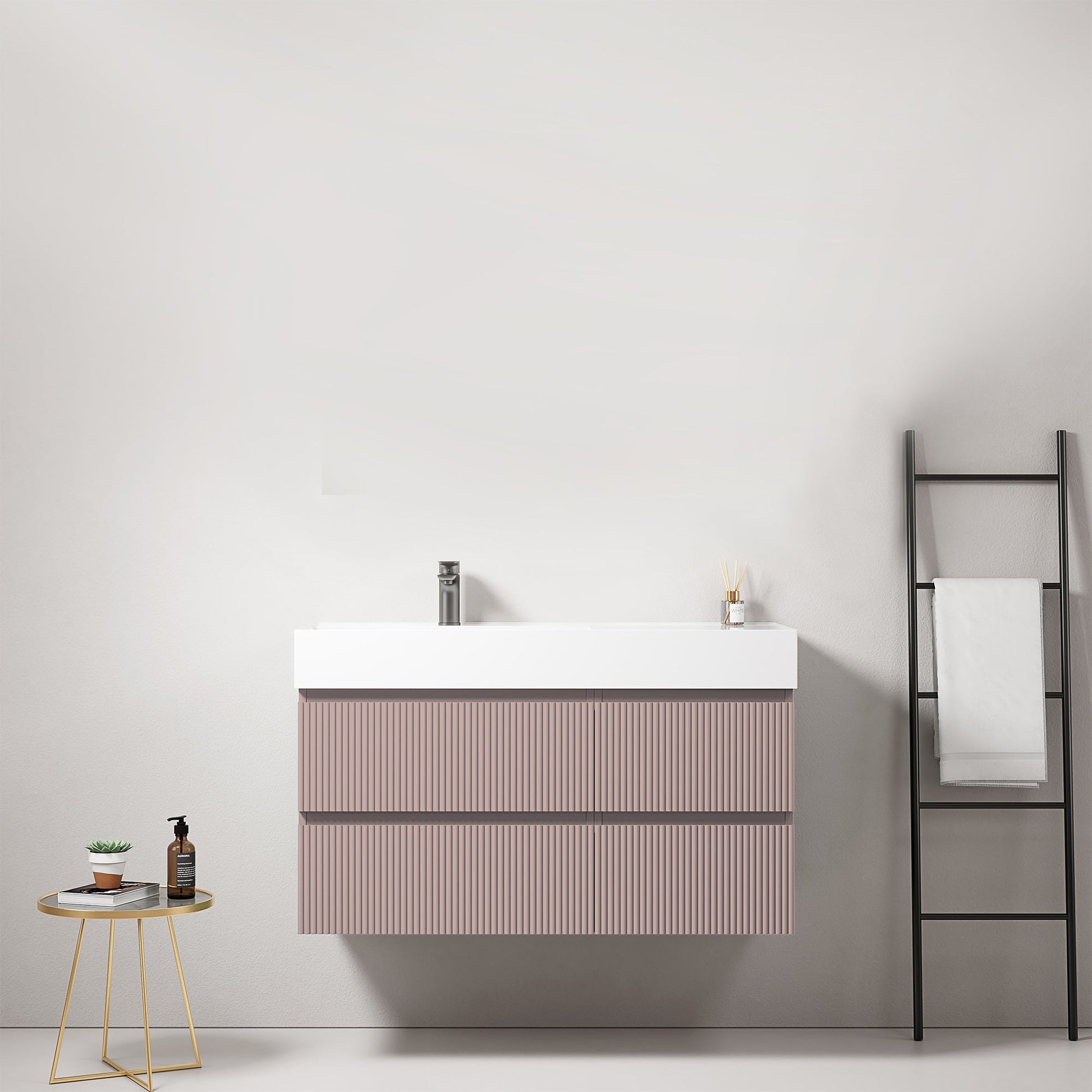 Mobile bagno sospeso cannettato 100 cm Rosa Retro Lavabo a Sinistra in Resina Senza Specchio - Fiji Paint in un ambiente moderno.