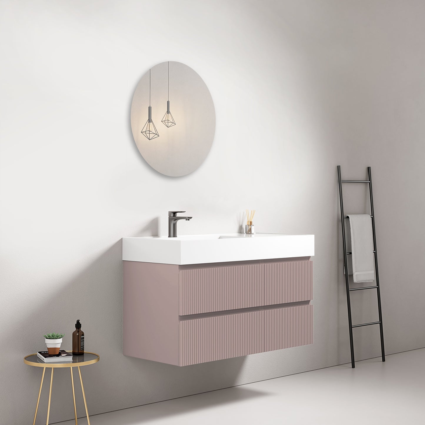 Mobile bagno sospeso cannettato 100 cm Rosa Retro Lavabo a Sinistra in Resina Specchio Tondo - Fiji Paint.