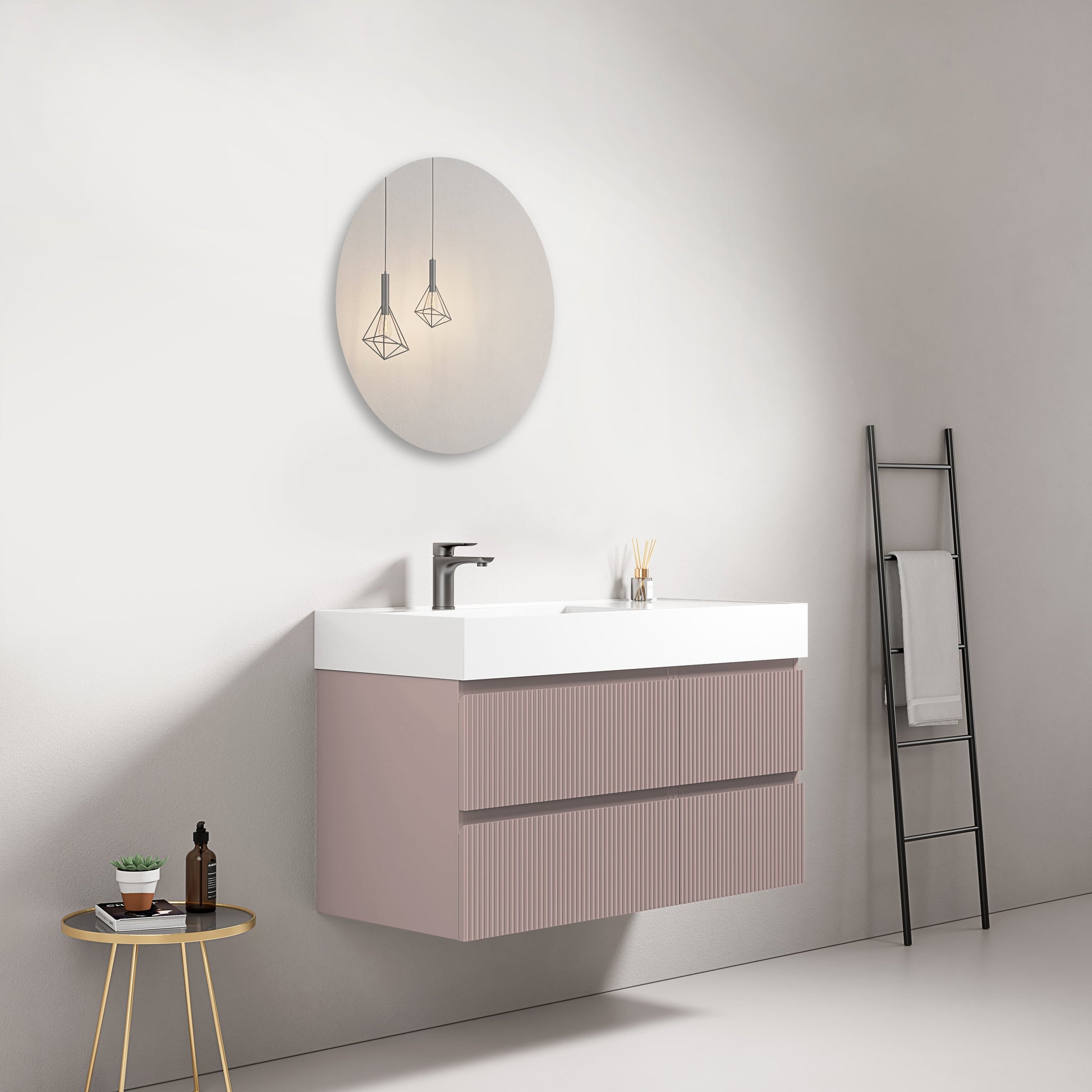 Mobile bagno sospeso cannettato 100 cm Rosa Retro Lavabo a Sinistra in Resina Specchio Tondo - Fiji Paint.