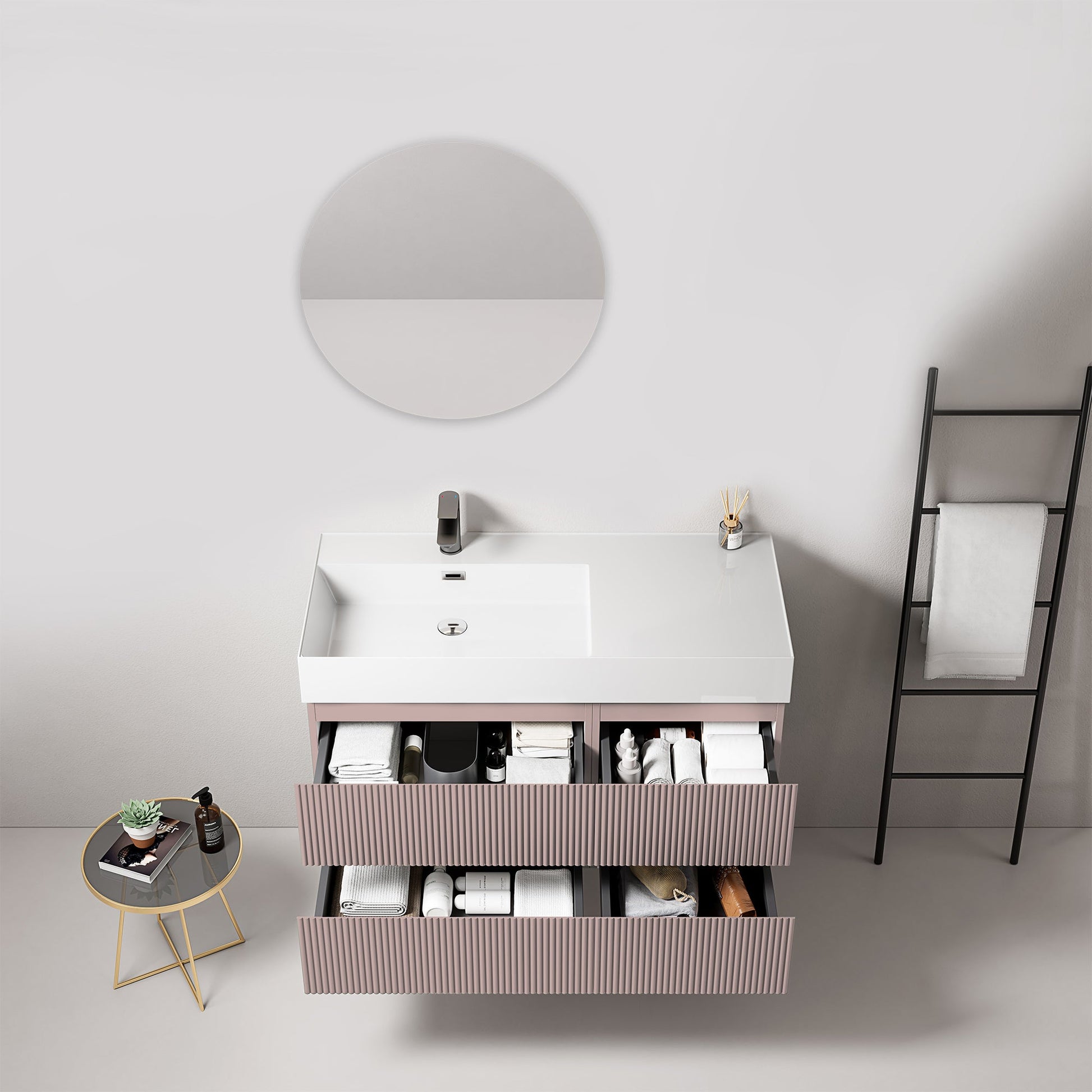 Mobile bagno sospeso cannettato 100 cm Rosa Retro Lavabo a Sinistra in Resina Specchio Tondo - Fiji Paint in un design contemporaneo.