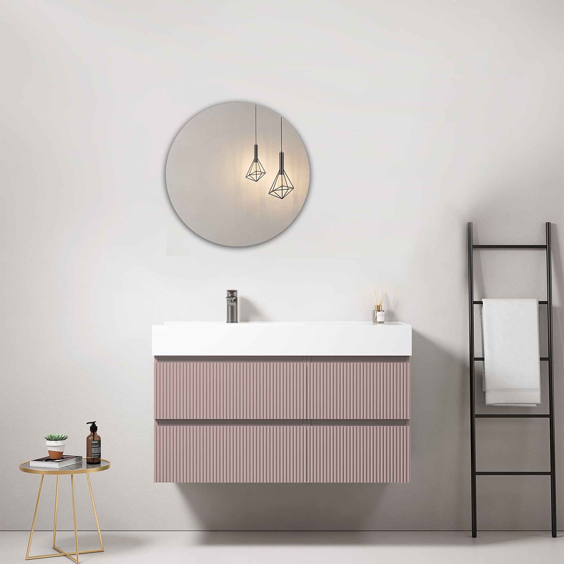 Mobile bagno sospeso cannettato 100 cm Rosa Retro Lavabo a Sinistra in Resina Specchio Tondo - Fiji Paint