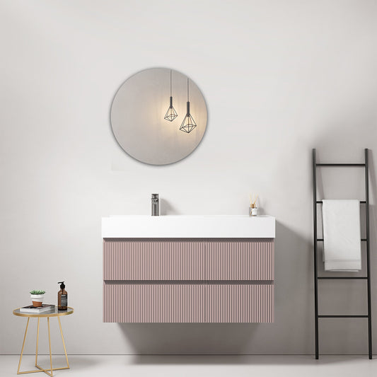 Mobile bagno sospeso cannettato 100 cm Rosa Retro Lavabo a Sinistra in Resina Specchio Tondo - Fiji Paint
