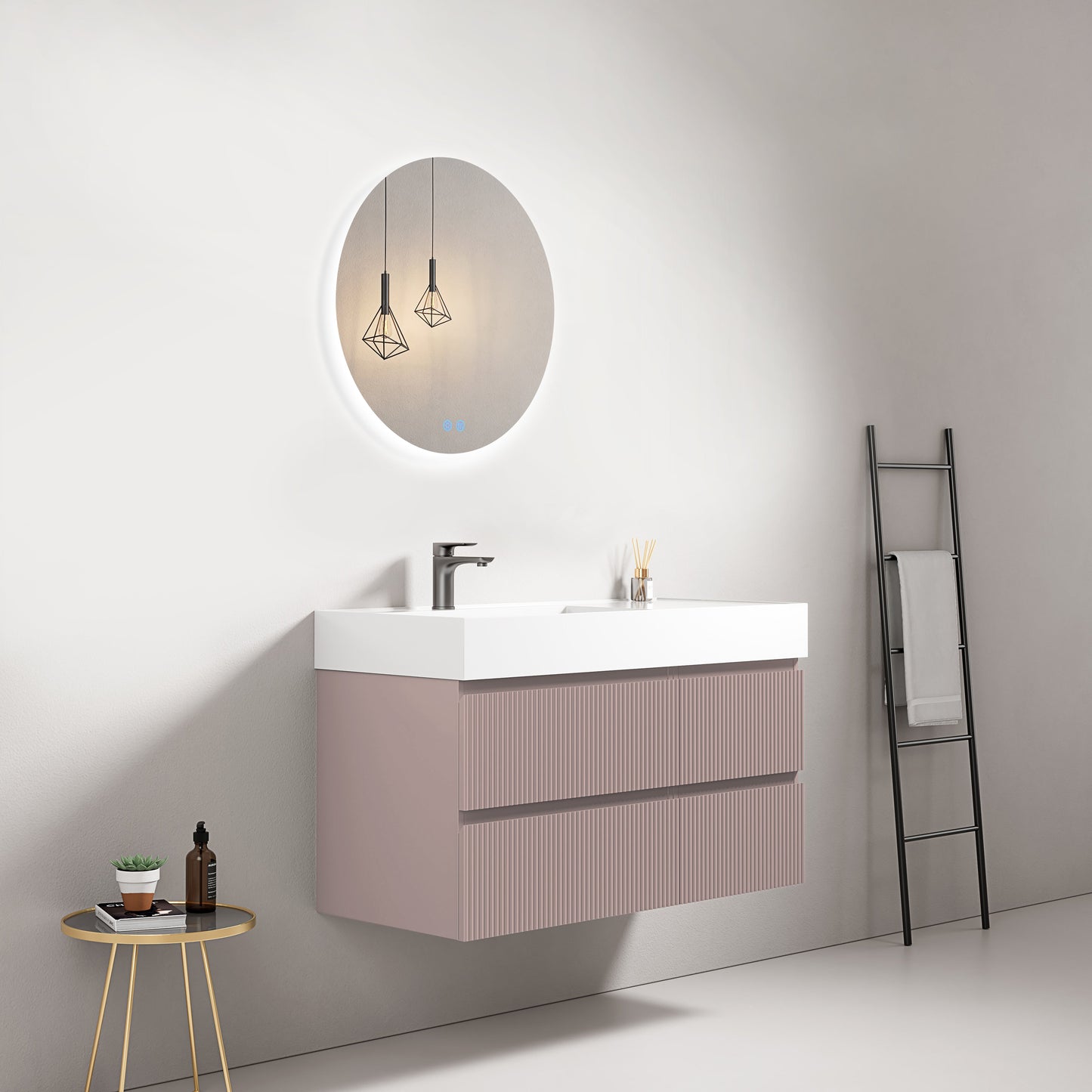 Mobile bagno sospeso cannettato 100 cm Rosa Retro Lavabo a Sinistra in Resina Specchio Tondo Retroilluminato - Fiji Paint