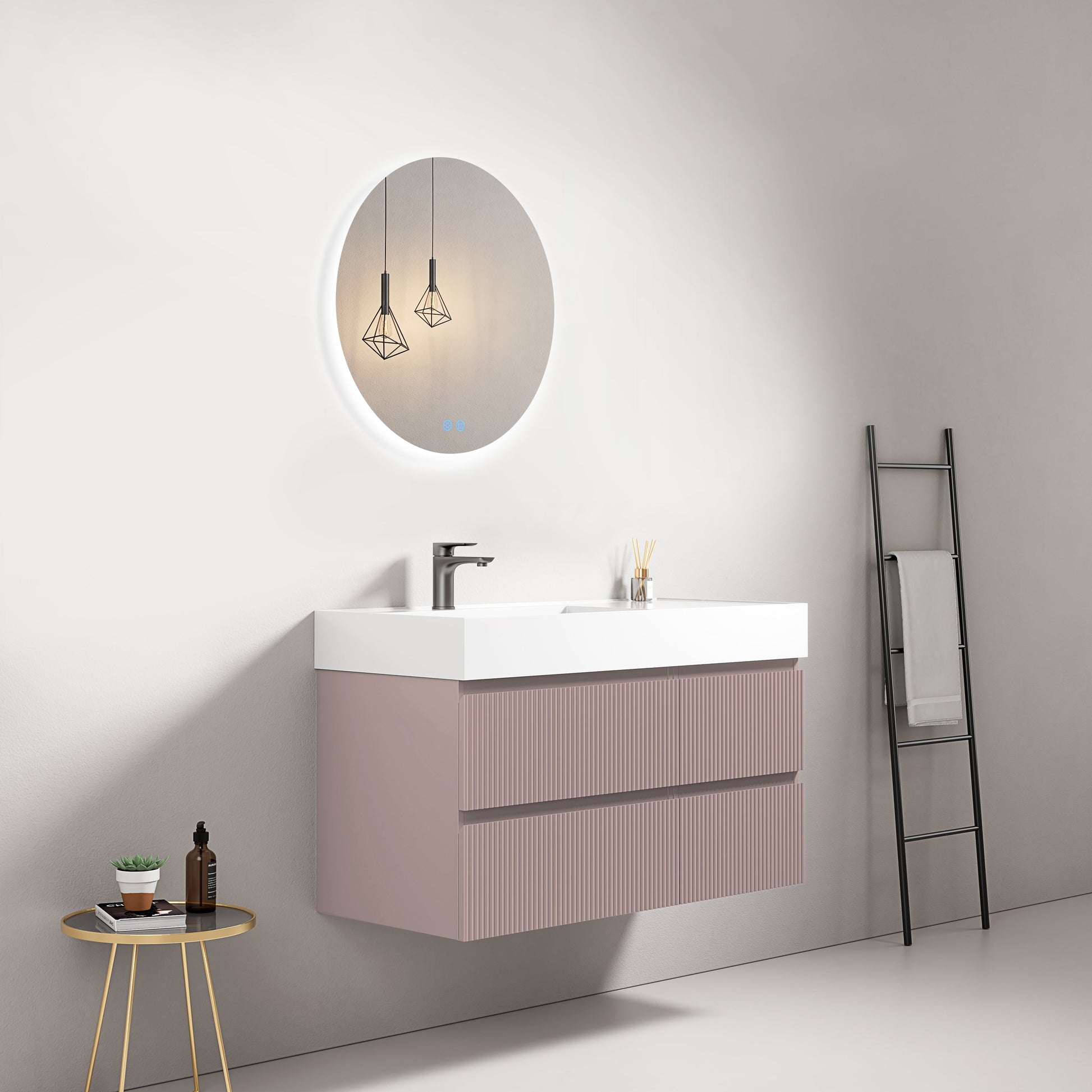 Mobile bagno sospeso cannettato 100 cm Rosa Retro Lavabo a Sinistra in Resina Specchio Tondo Retroilluminato - Fiji Paint