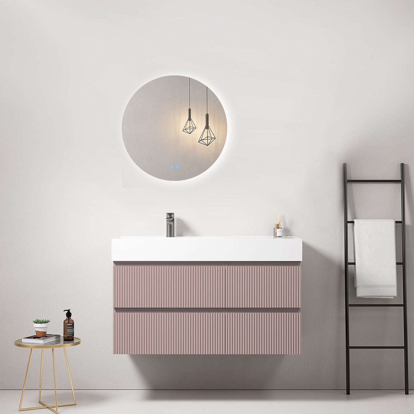 Mobile bagno sospeso cannettato 100 cm Rosa Retro Lavabo a Sinistra in Resina Specchio Tondo Retroilluminato - Fiji Paint.