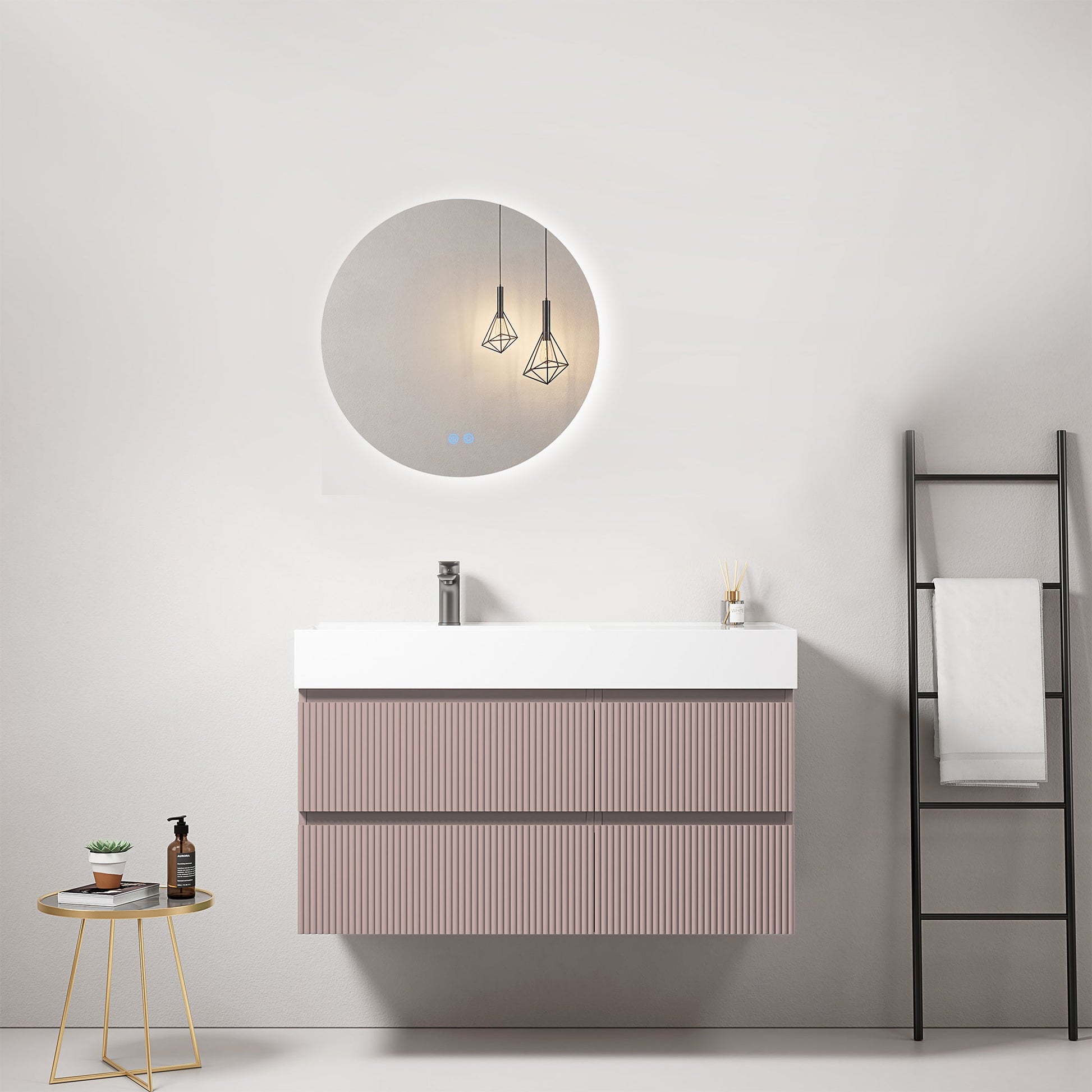 Mobile bagno sospeso cannettato 100 cm Rosa Retro Lavabo a Sinistra in Resina Specchio Tondo Retroilluminato - Fiji Paint.