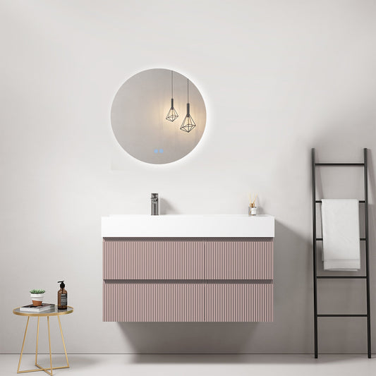 Mobile bagno sospeso cannettato 100 cm Rosa Retro Lavabo a Sinistra in Resina Specchio Tondo Retroilluminato - Fiji Paint