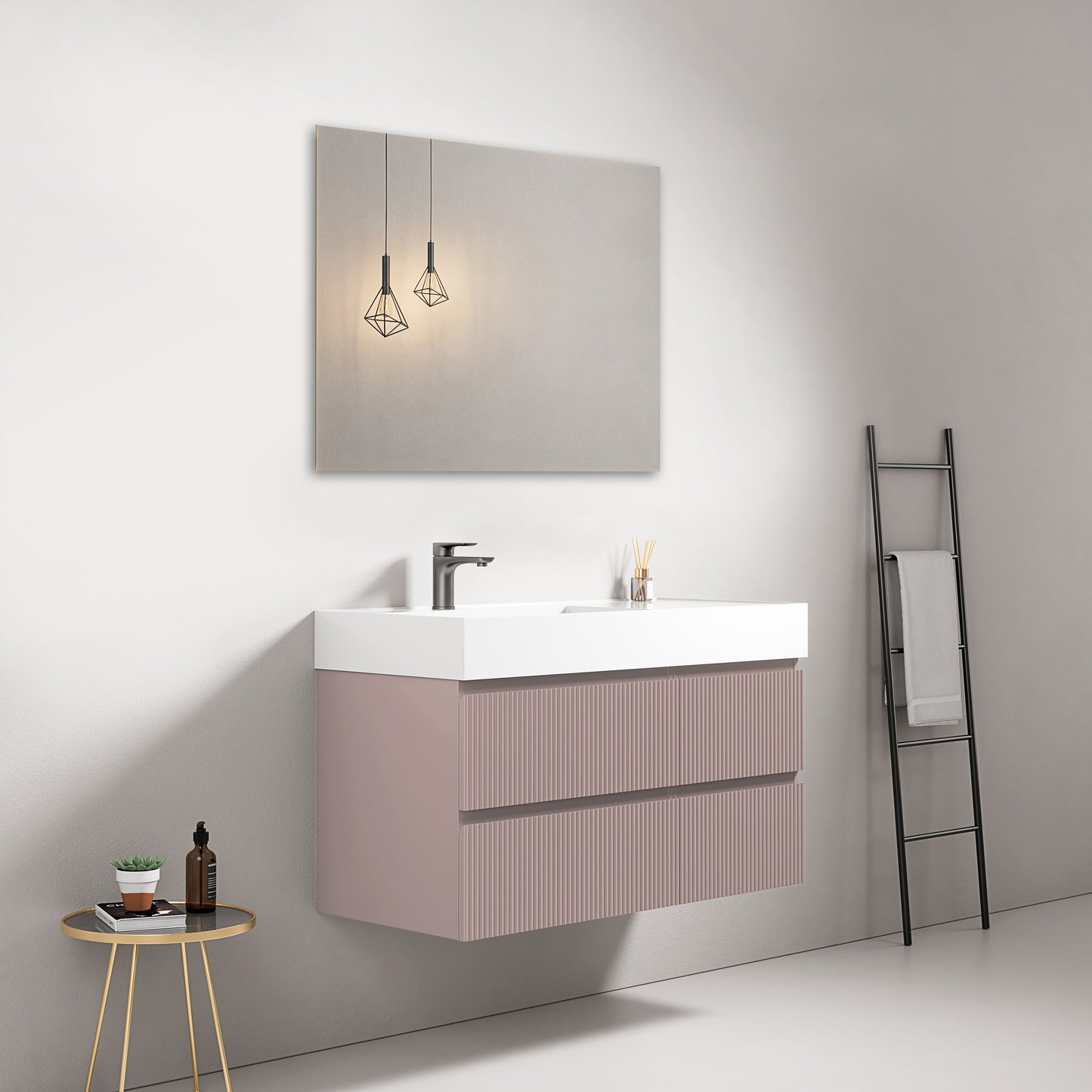 Mobile bagno sospeso cannettato 100 cm Rosa Retro Lavabo a Sinistra in Resina Specchio Quadro - Fiji Paint in una moderna stanza da bagno.