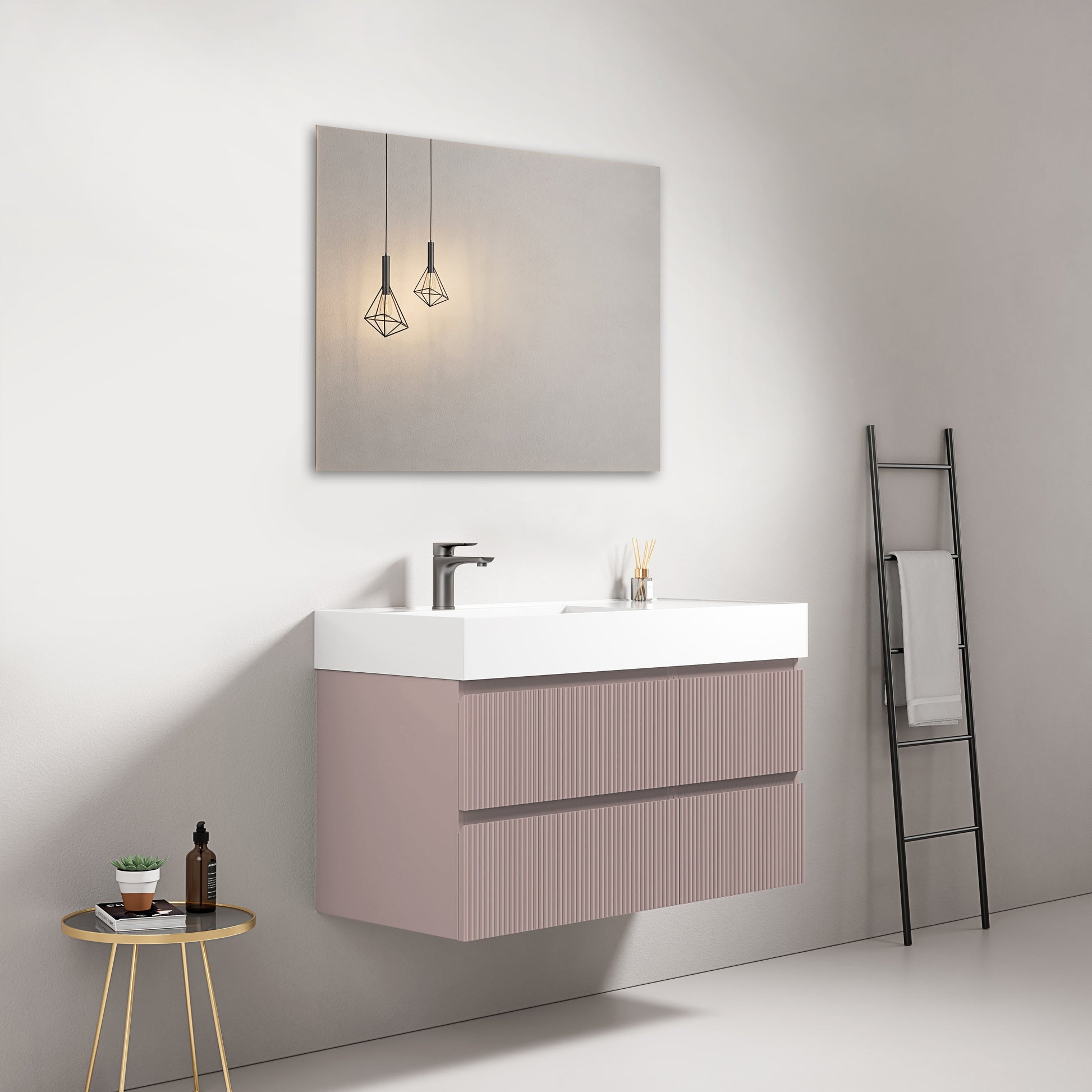 Mobile bagno sospeso cannettato 100 cm Rosa Retro Lavabo a Sinistra in Resina Specchio Quadro - Fiji Paint in una moderna stanza da bagno.