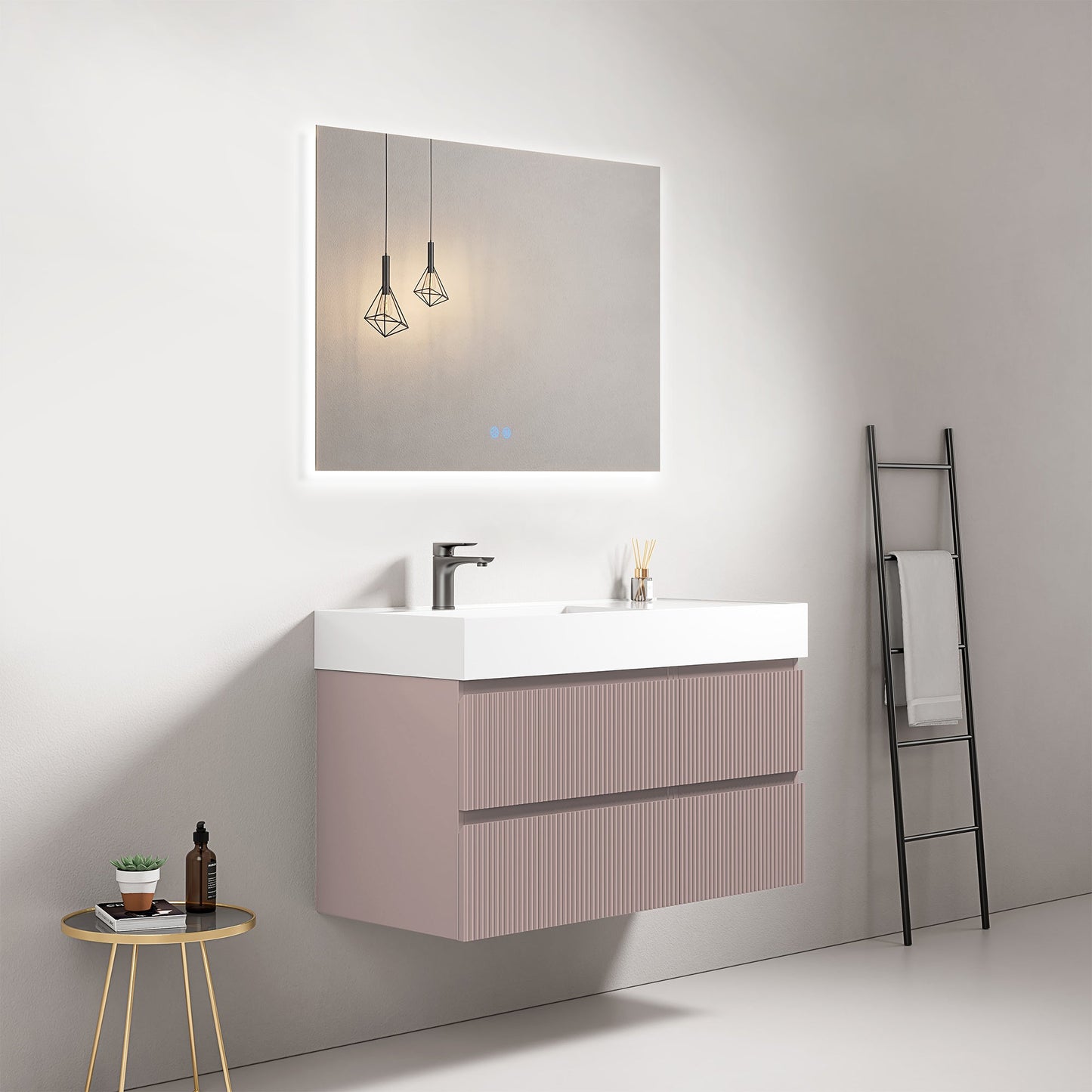 Mobile bagno sospeso cannettato 100 cm Rosa Retro Lavabo a Sinistra in Resina Specchio Quadro Retroilluminato - Fiji Paint