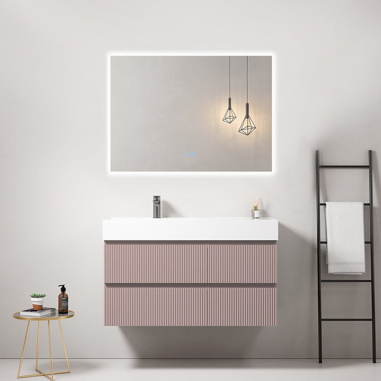 Mobile bagno sospeso cannettato 100 cm Rosa Retro Lavabo a Sinistra in Resina Specchio Quadro Retroilluminato - Fiji Paint