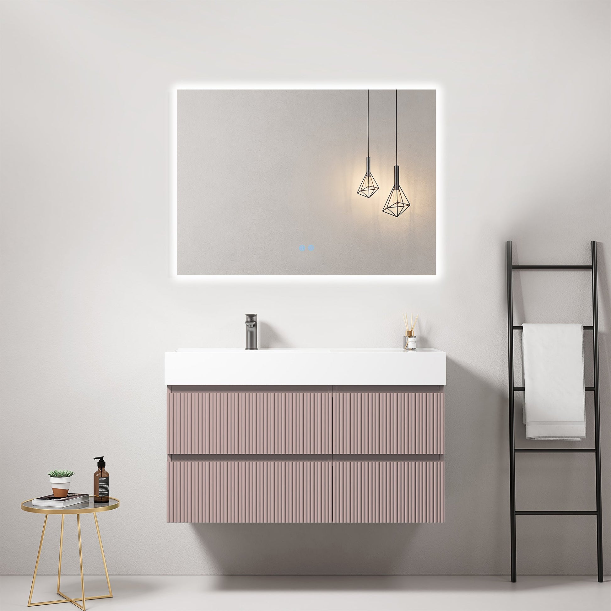 Mobile bagno sospeso cannettato 100 cm Rosa Retro Lavabo a Sinistra in Resina Specchio Quadro Retroilluminato - Fiji Paint